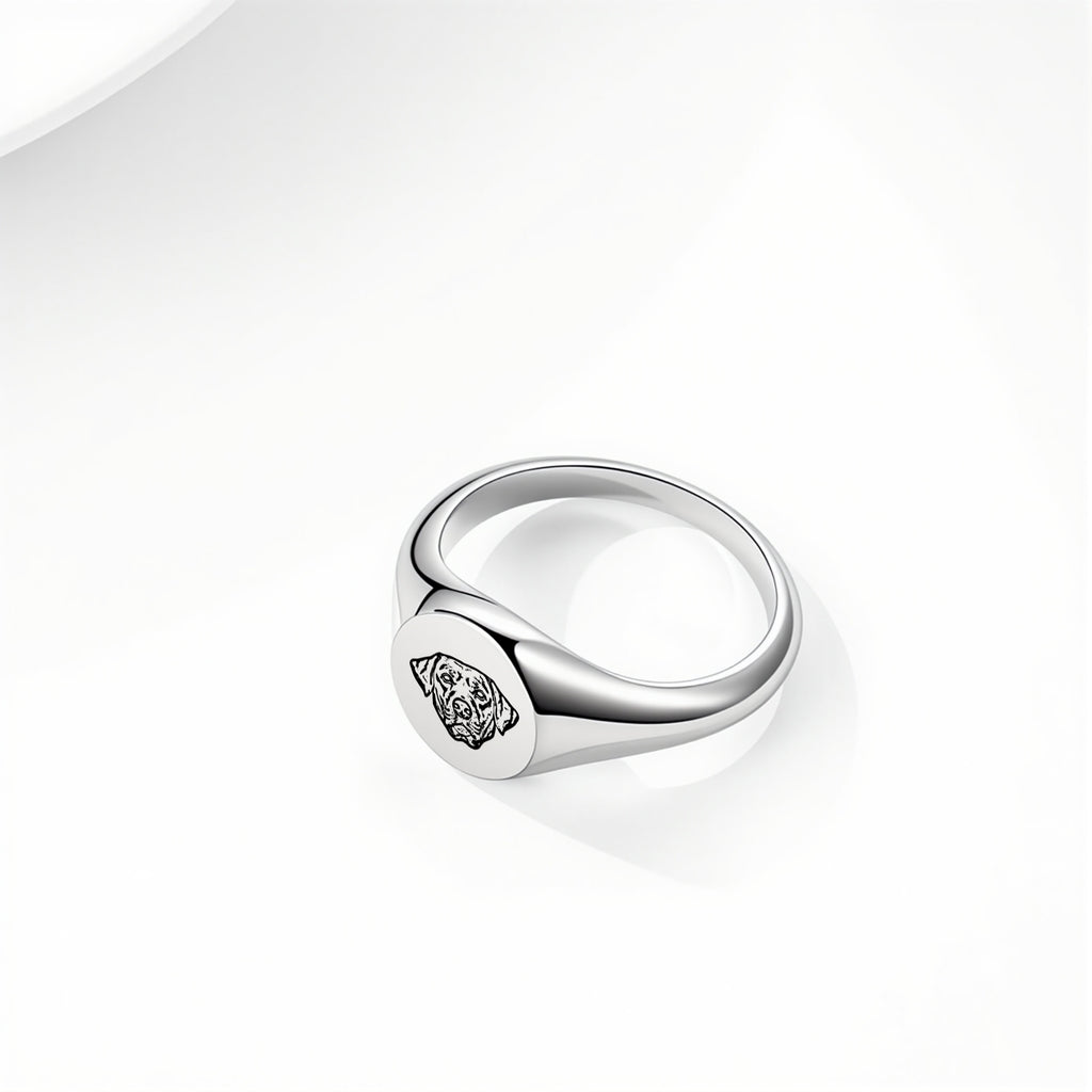 Silver pet face ring with laser-engraved portrait on a signet-style band, white background