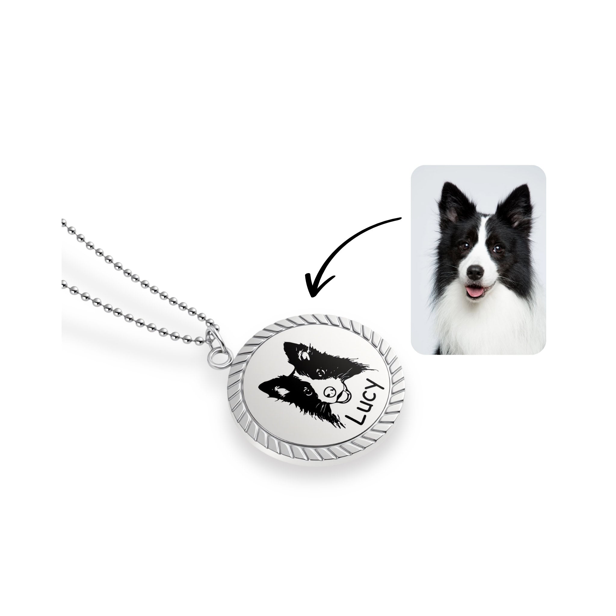 Silver rope edge pet portrait pendant necklace beside reference photo showing custom engraving result