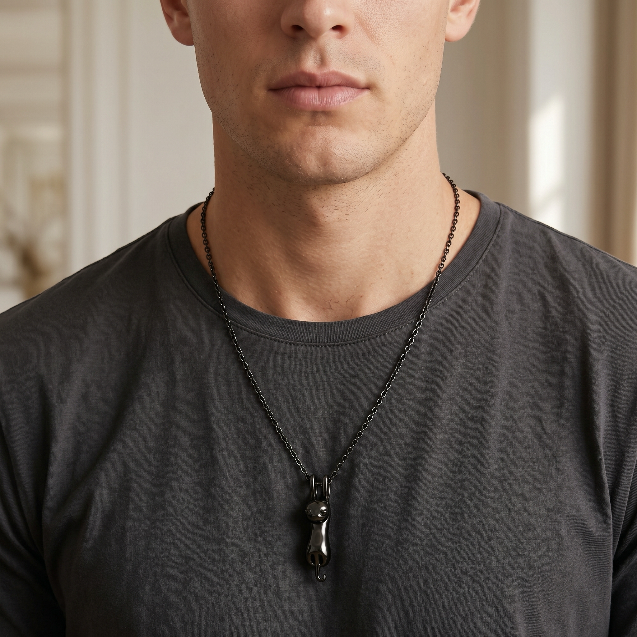 Man wearing black cat urn memorial necklace over t-shirt, lifestyle wear shot