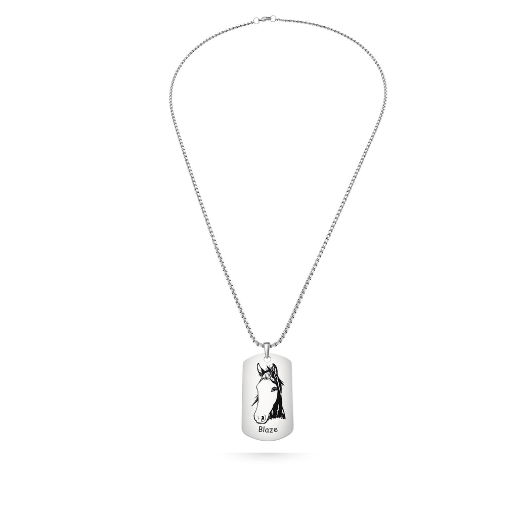 Full-length silver link chain necklace with dog tag shaped pendant featuring engraved horse portrait