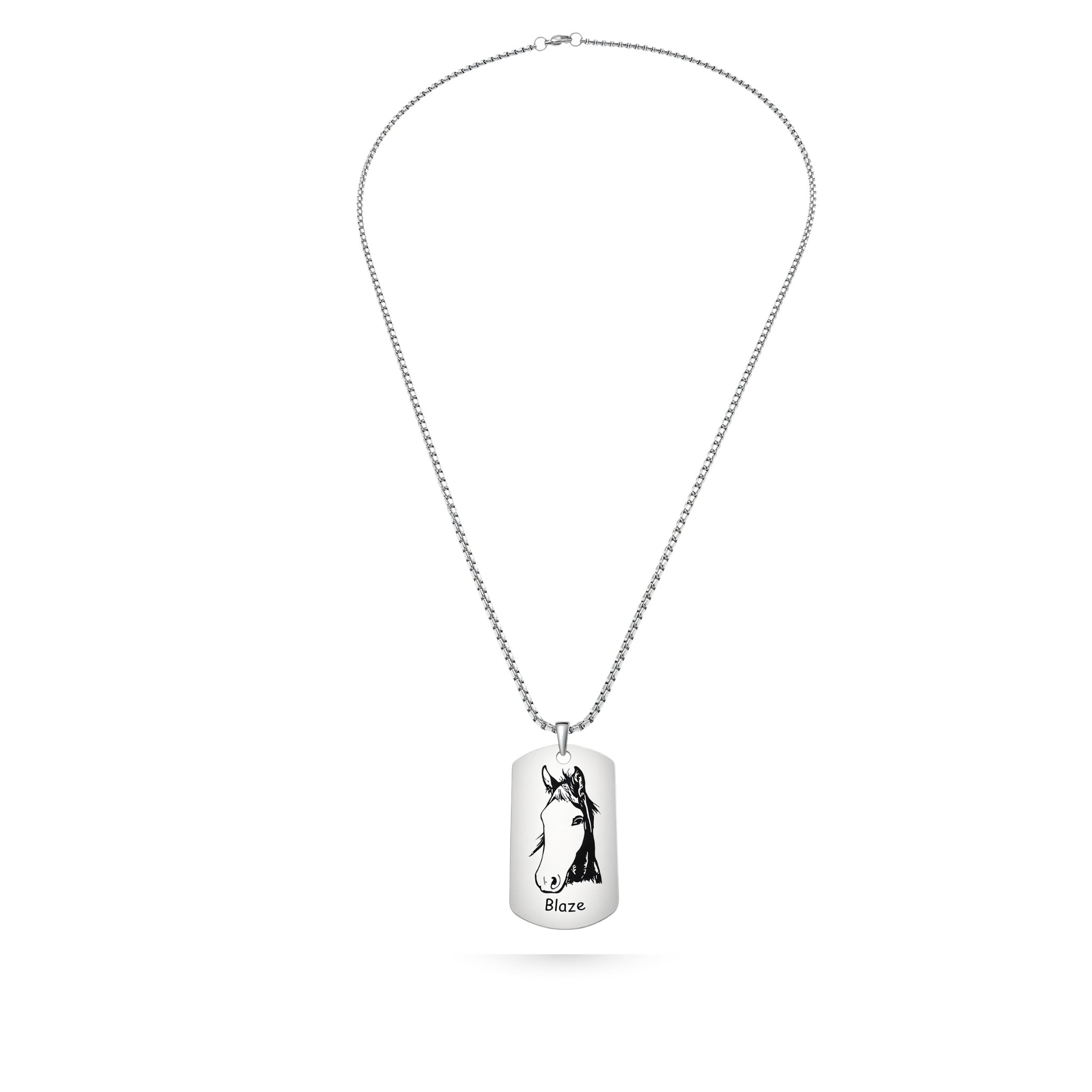 Full-length silver link chain necklace with dog tag shaped pendant featuring engraved horse portrait