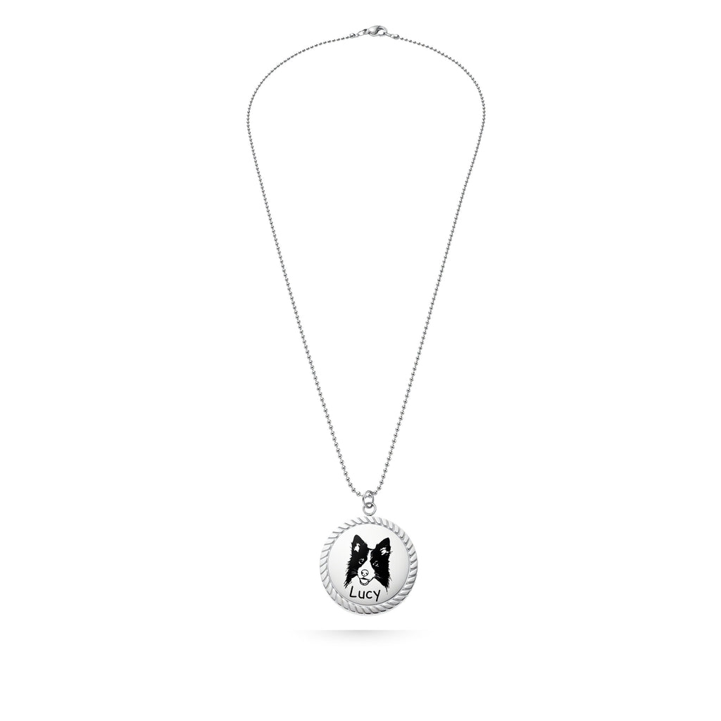 Full-length silver beaded chain necklace with rope edge disc pendant featuring engraved portrait