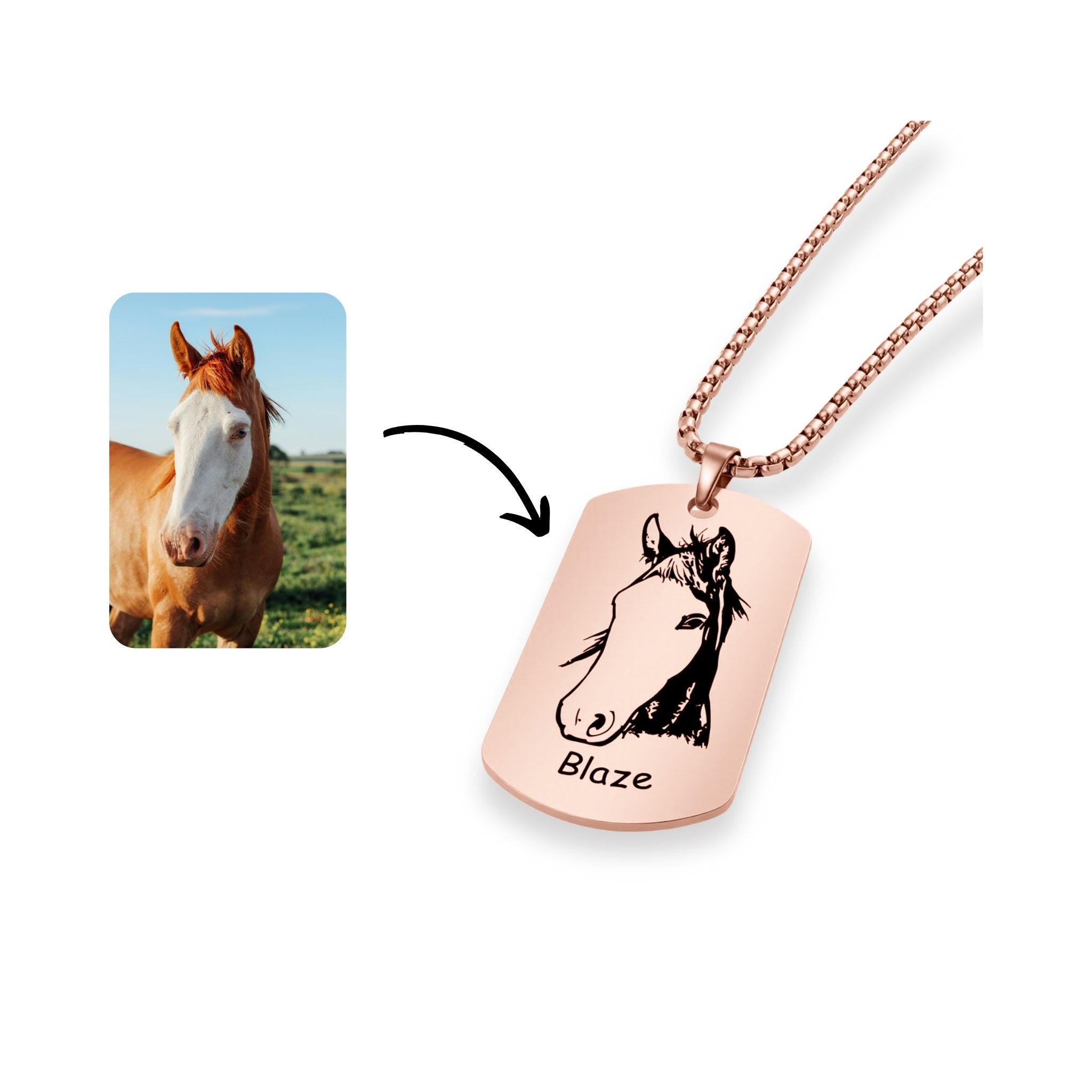 Rose gold dog tag shaped pendant necklace beside reference photo showing custom engraving result