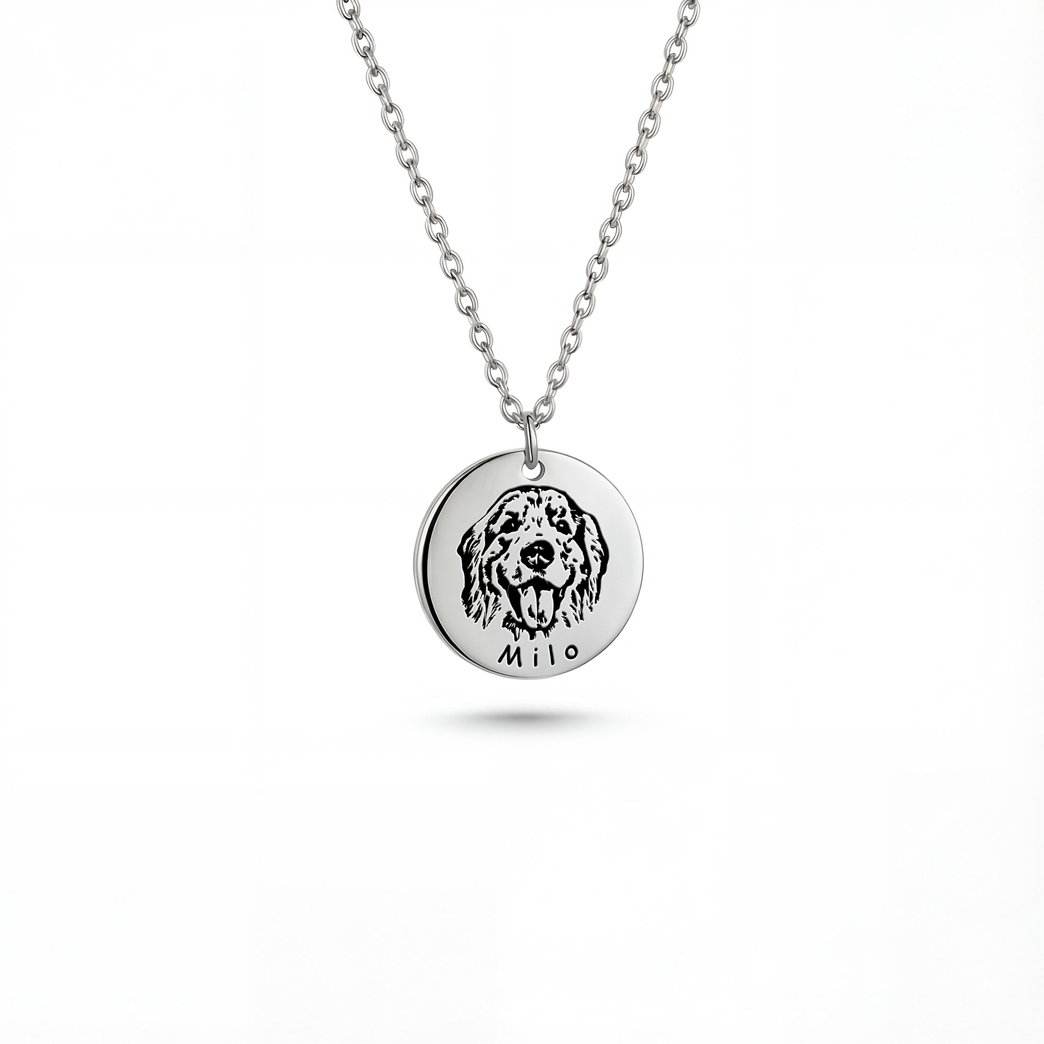 Silver pet face disc pendant with dog portrait engraving on white background, close-up