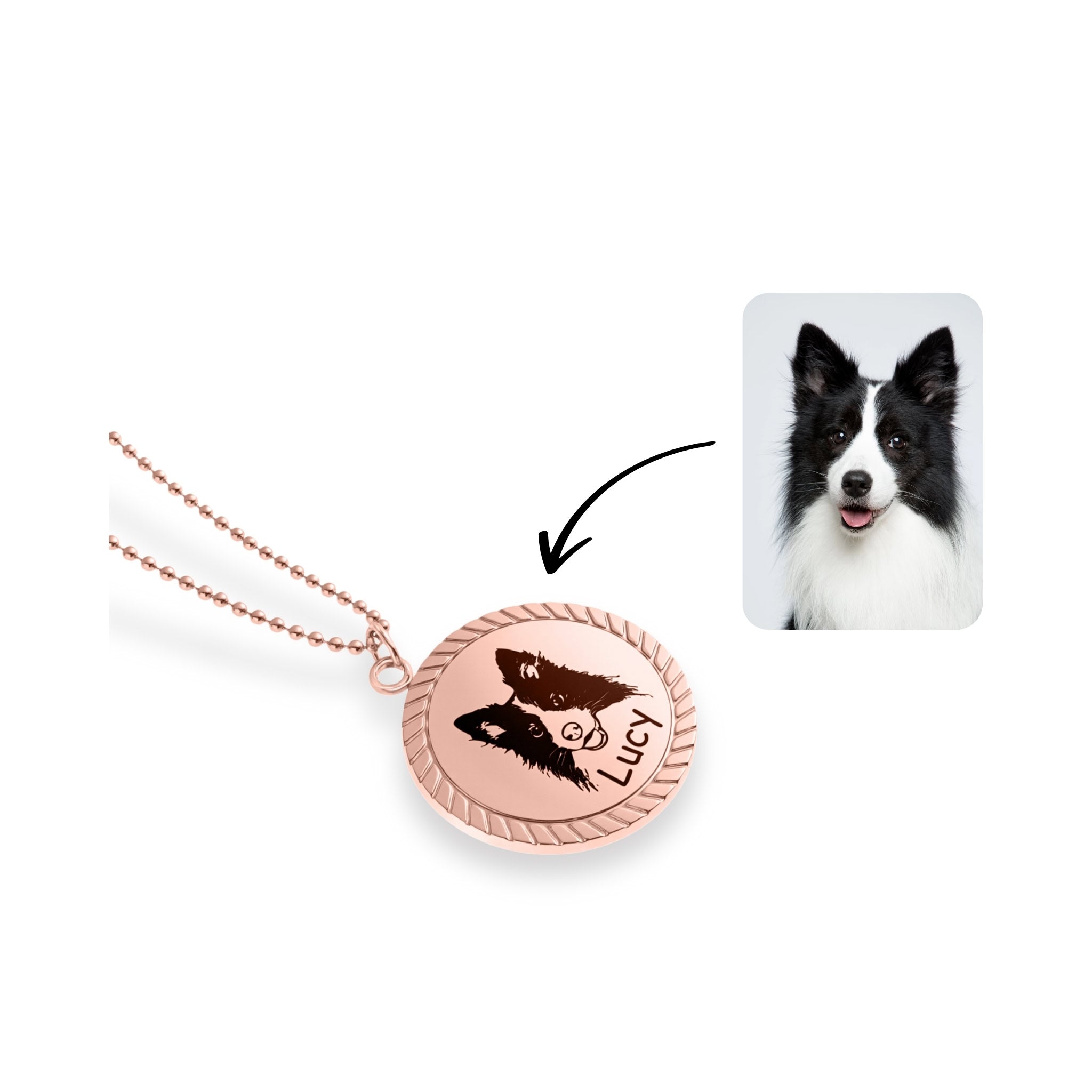 Rose gold rope edge pet portrait pendant necklace beside reference photo showing custom engraving