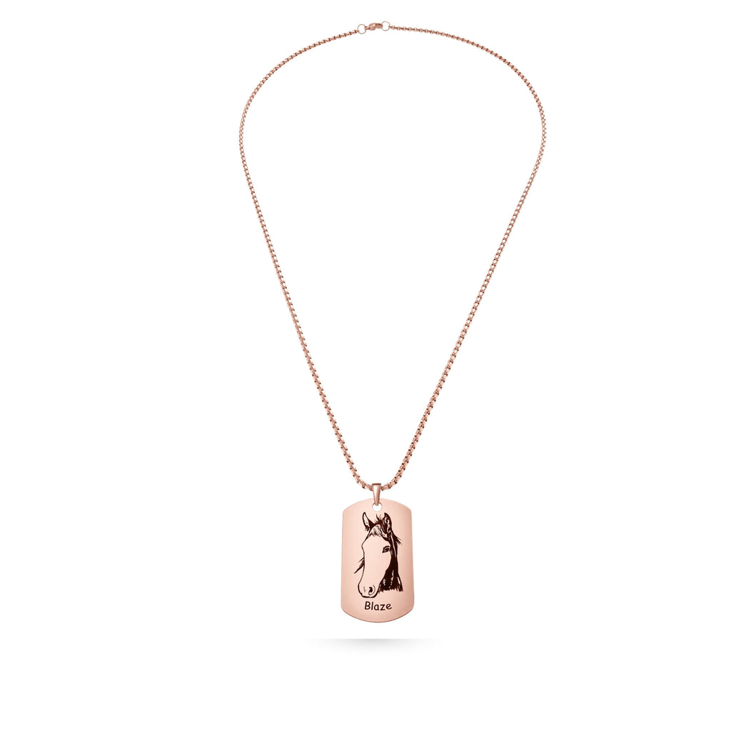 Full-length rose gold link chain necklace with dog tag shaped pendant featuring pet portrait