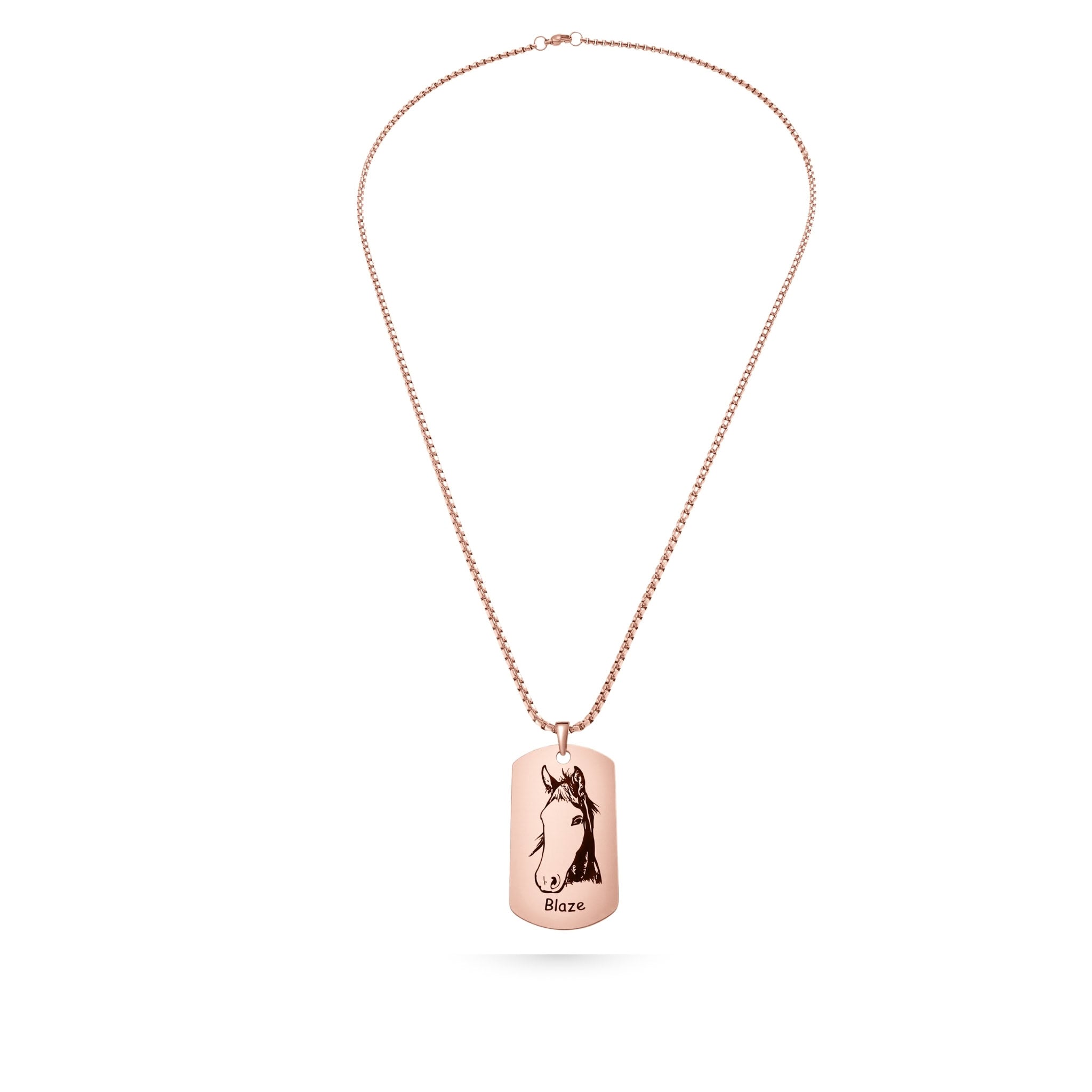 Full-length rose gold link chain necklace with dog tag shaped pendant featuring pet portrait