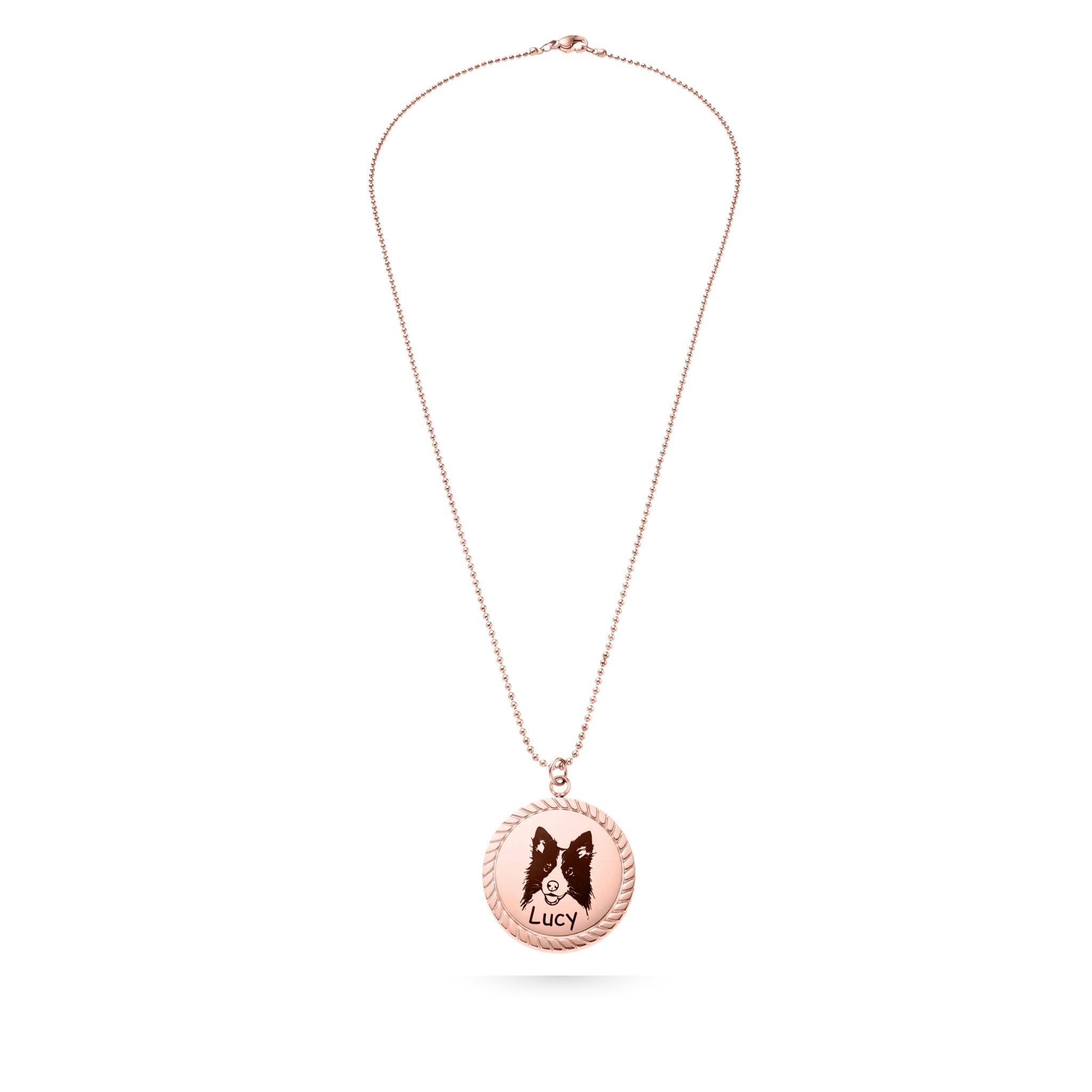 Full-length rose gold beaded chain necklace with rope edge disc pendant featuring pet portrait
