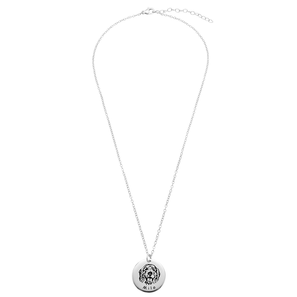 Full-length silver pet face disc pendant necklace with cable chain on white background