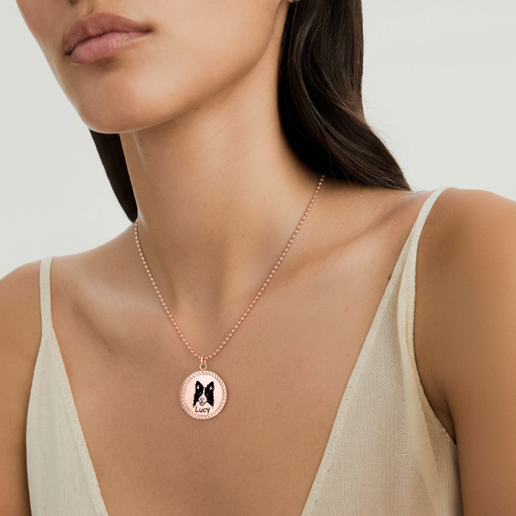Woman wearing rose gold rope edge pet portrait pendant necklace with light camisole top