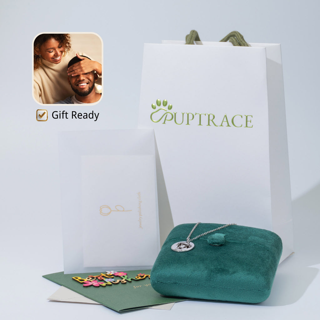 PupTrace gift set with silver pet face necklace in velvet box, branded bag, and card