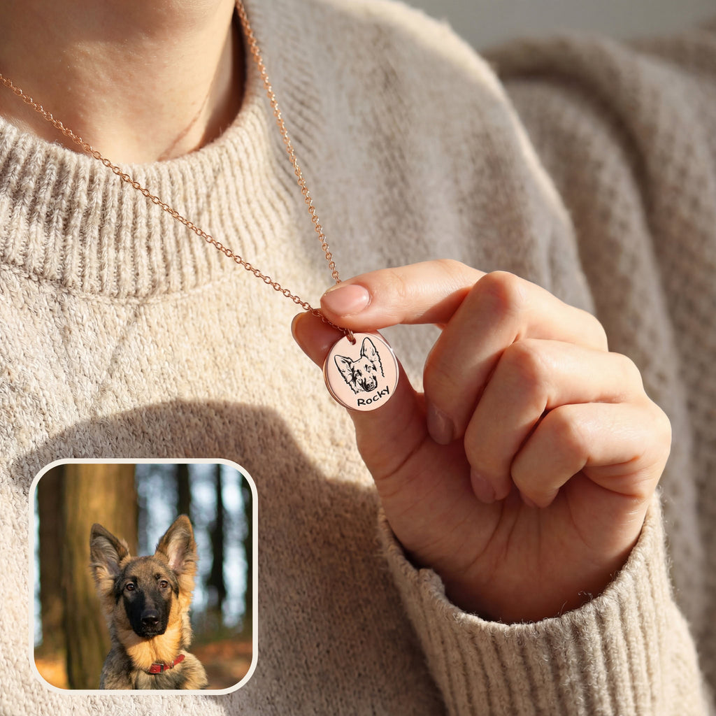 Woman wearing rose gold pet face necklace with portrait pendant over knit sweater