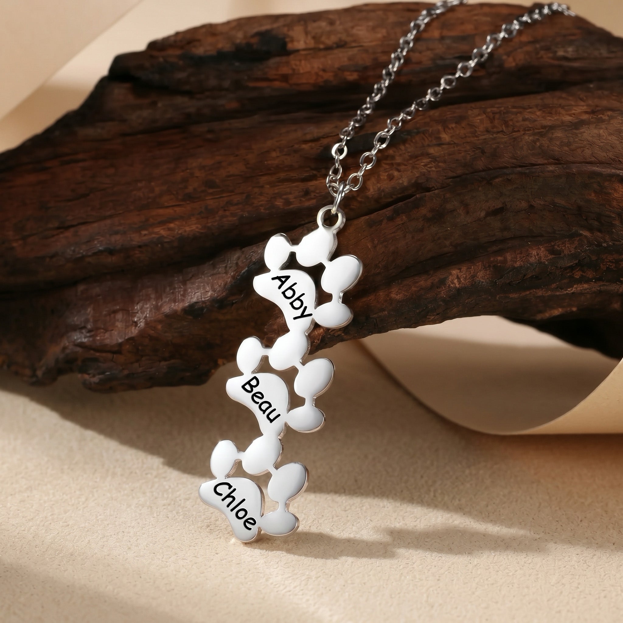 Three silver paw pendants with names on natural driftwood close-up