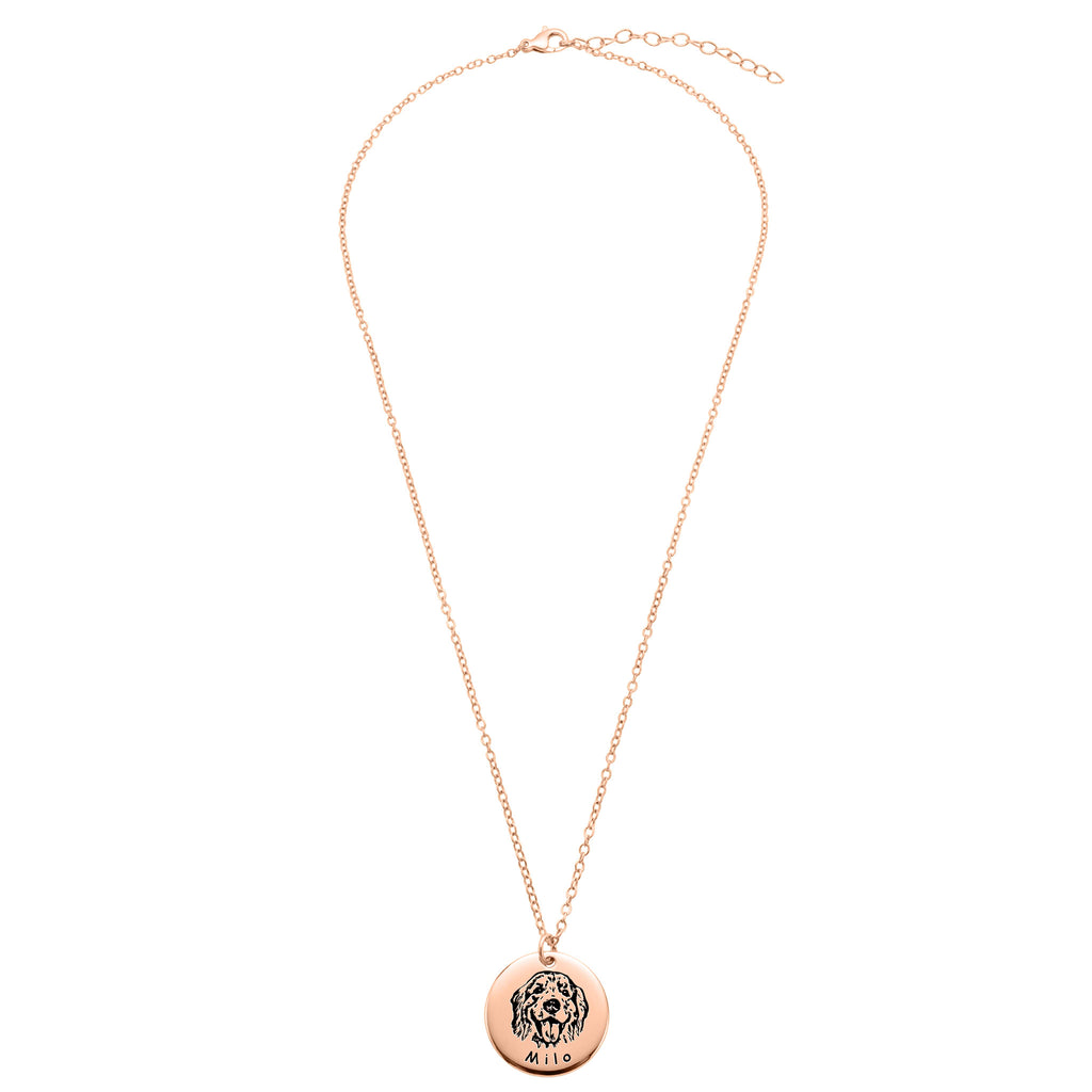 Full-length rose gold pet face disc pendant necklace with cable chain on white background