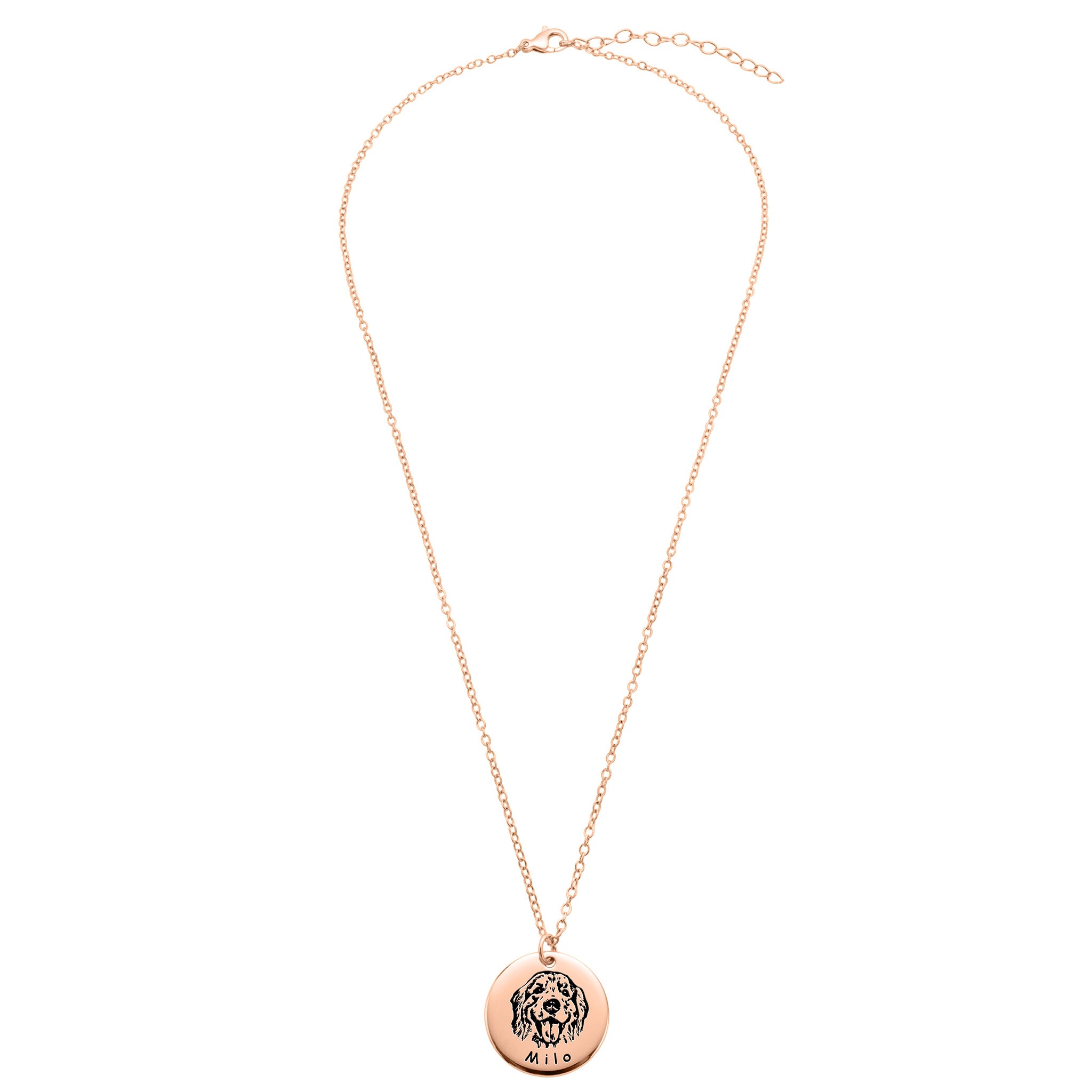 Full-length rose gold pet face disc pendant necklace with cable chain on white background