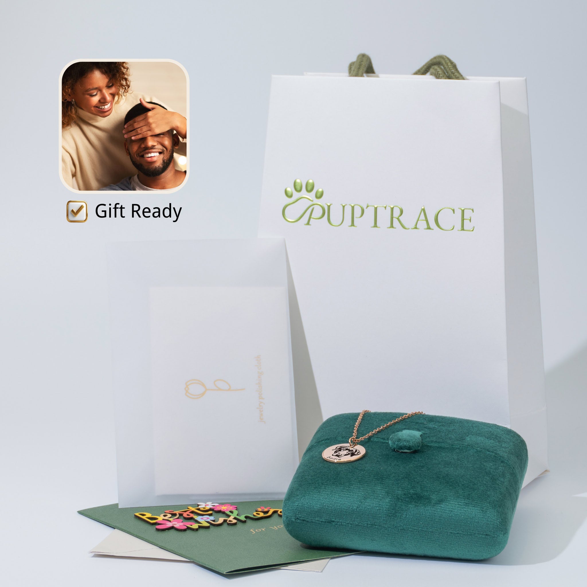 PupTrace gift set with rose gold pet face necklace in velvet box, branded bag, and card