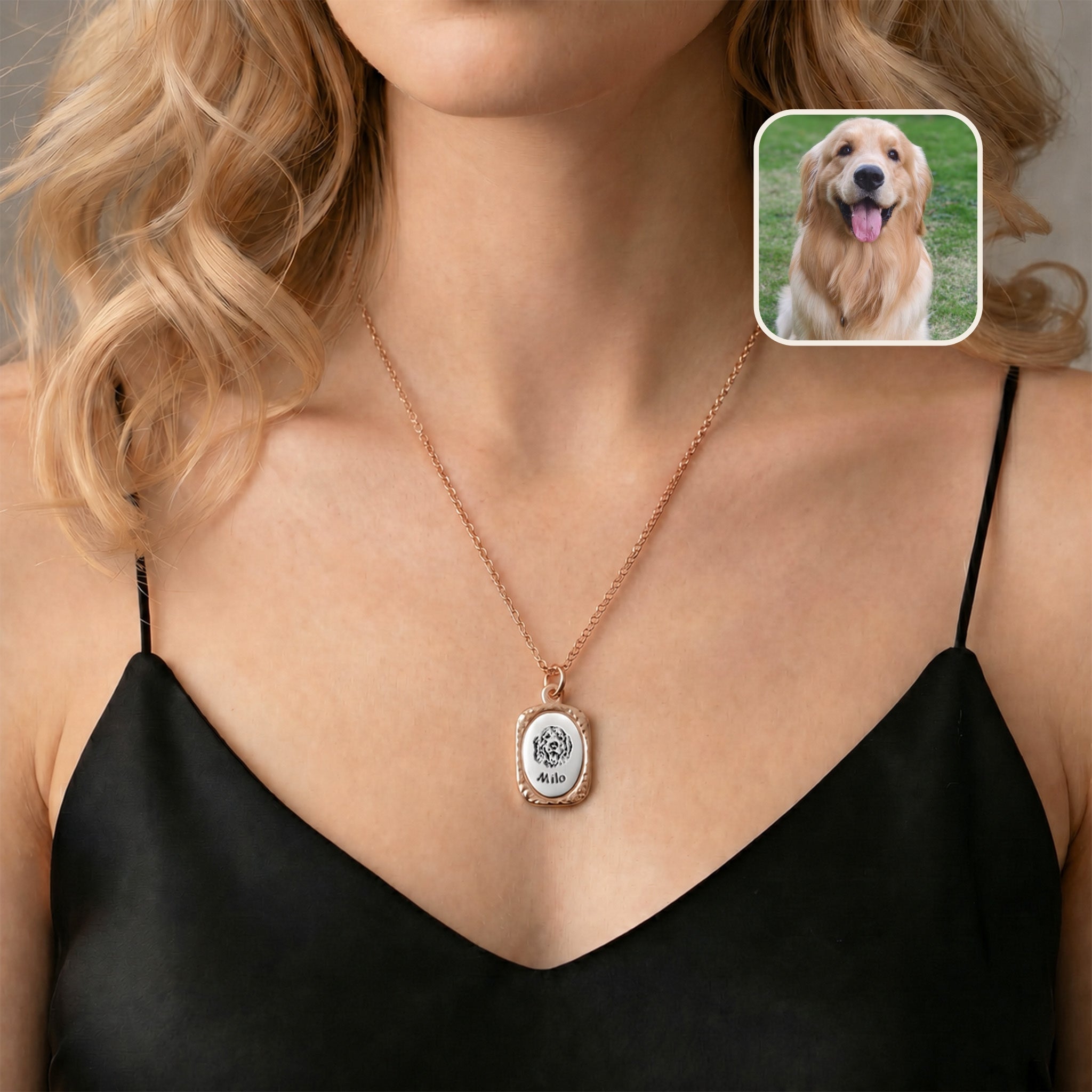 Person wearing 18K rose gold vintage tag pendant necklace with hand-drawn pet portrait, lifestyle view