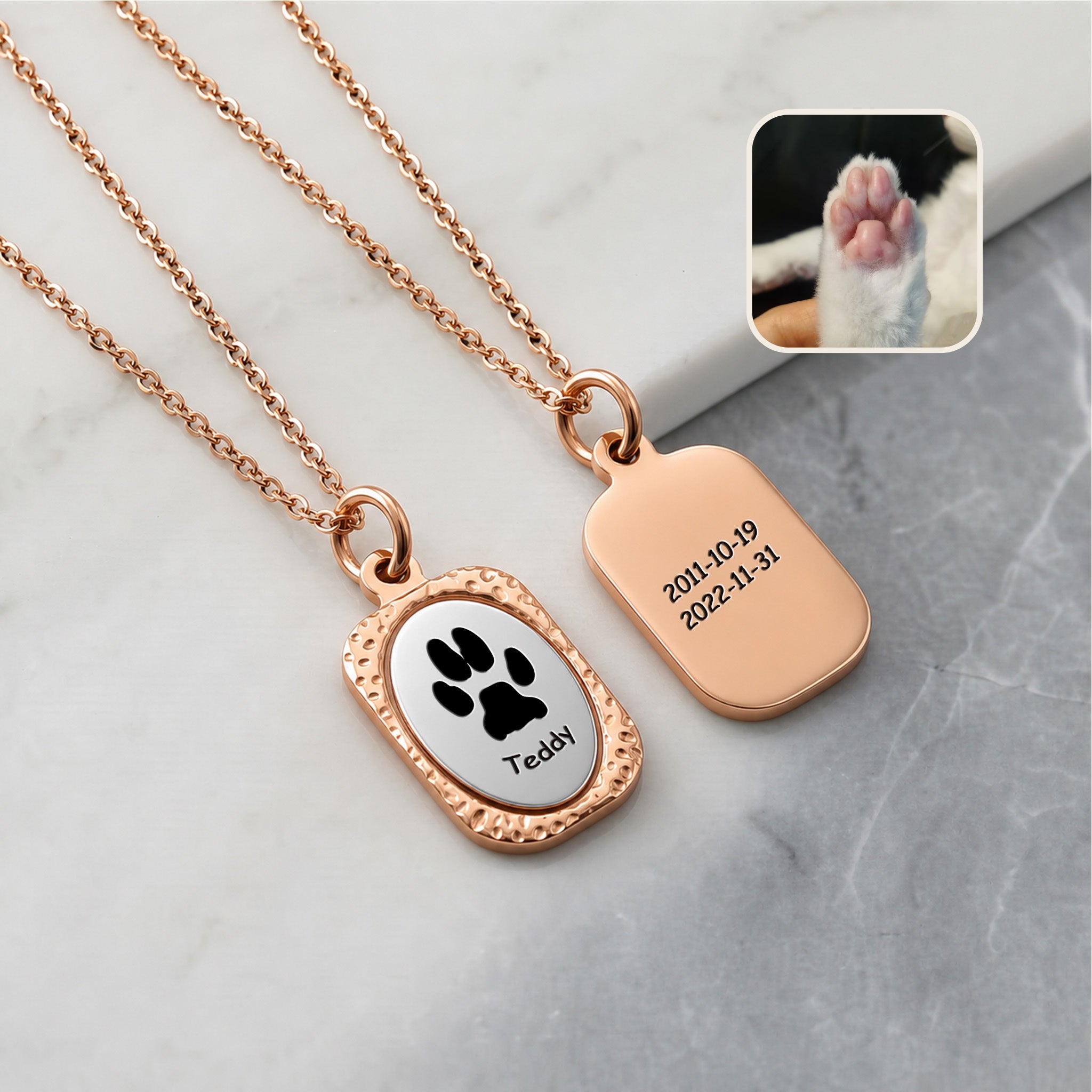 Front and back view of 18K rose gold vintage tag pendant showing portrait engraving and memorial dates