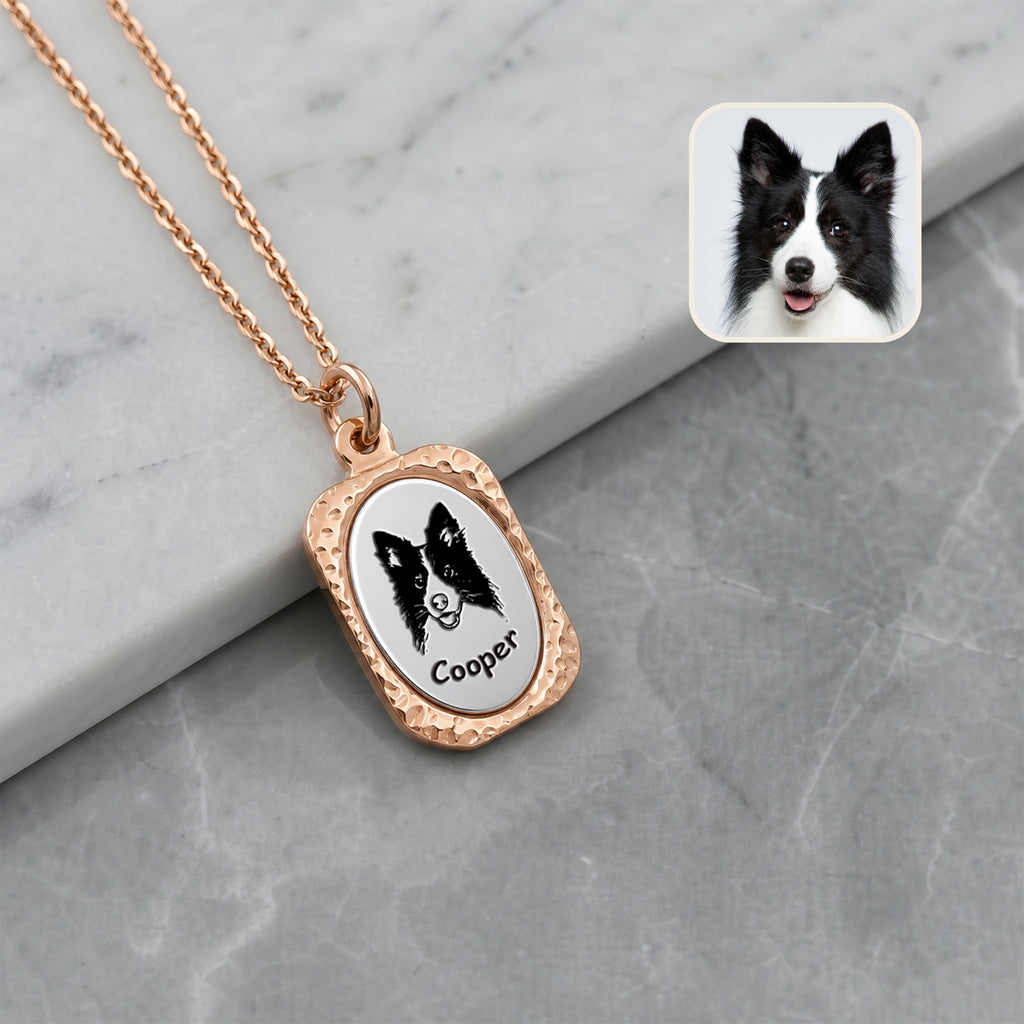 18K rose gold vintage tag pendant necklace with hand-drawn pet portrait on marble background