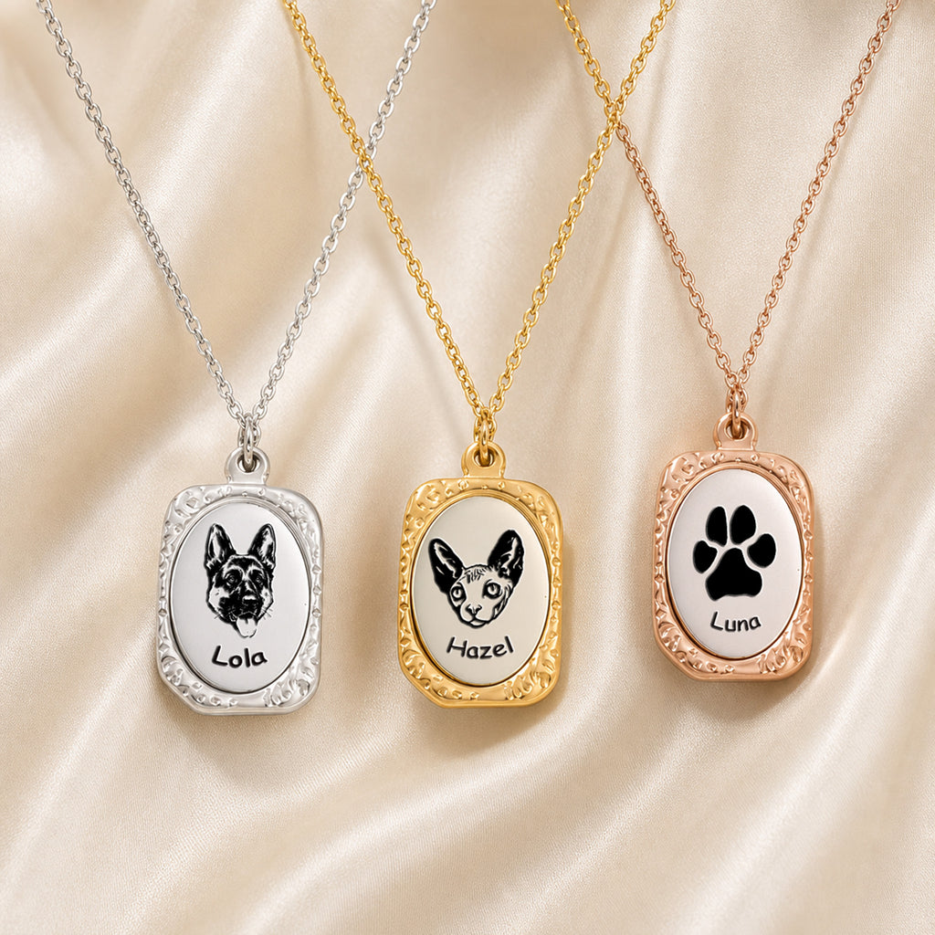 Three vintage tag pendant necklaces showing rhodium, gold, and rose gold plating options side by side