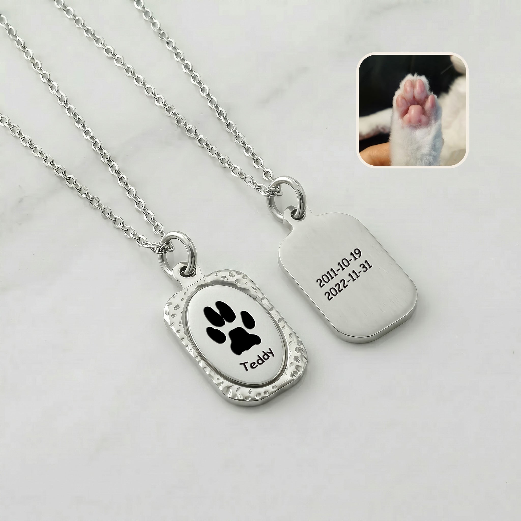 Front and back view of rhodium vintage tag pendant showing portrait engraving and memorial dates