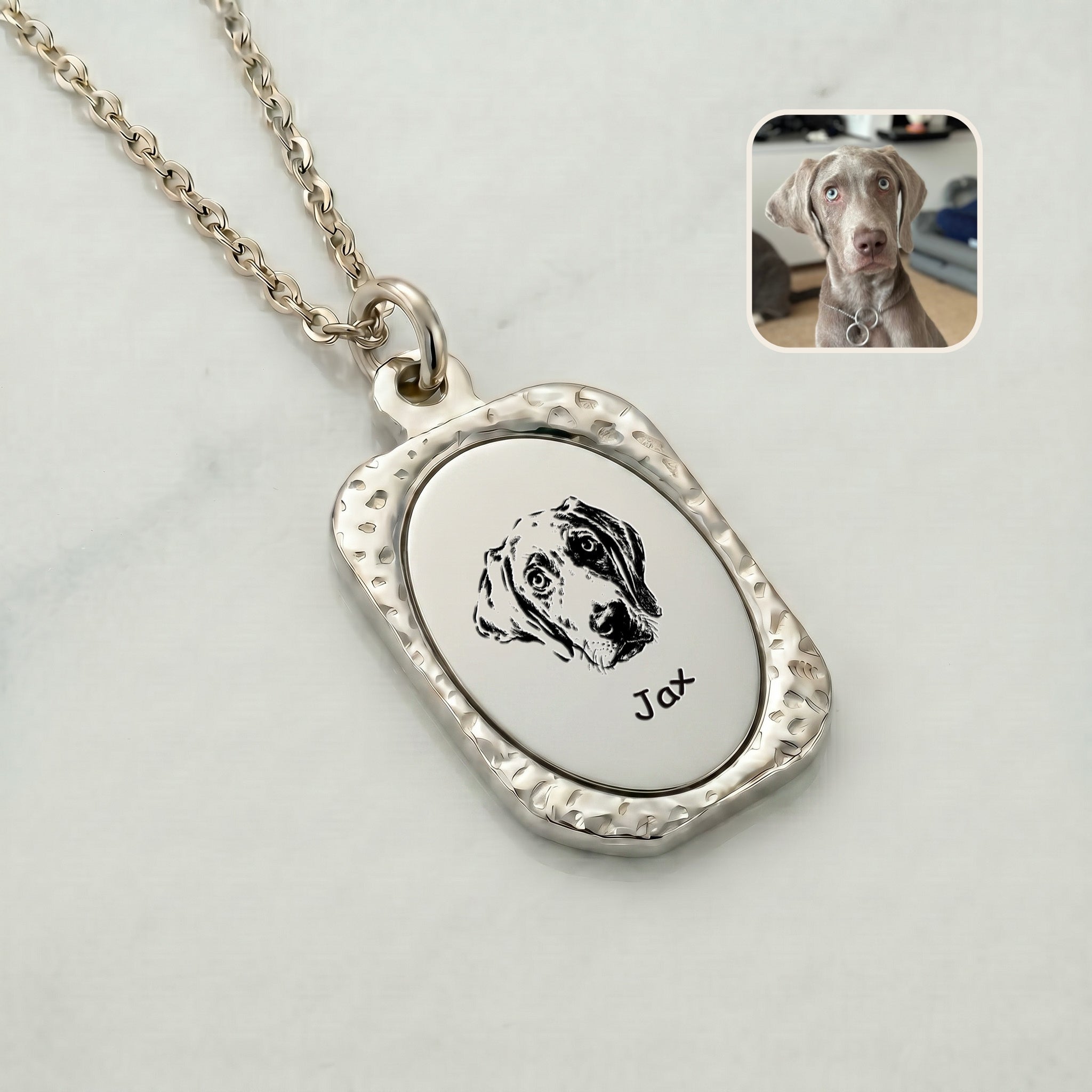Close-up of rhodium custom pet photo pendant with hand-drawn portrait on brushed silver face