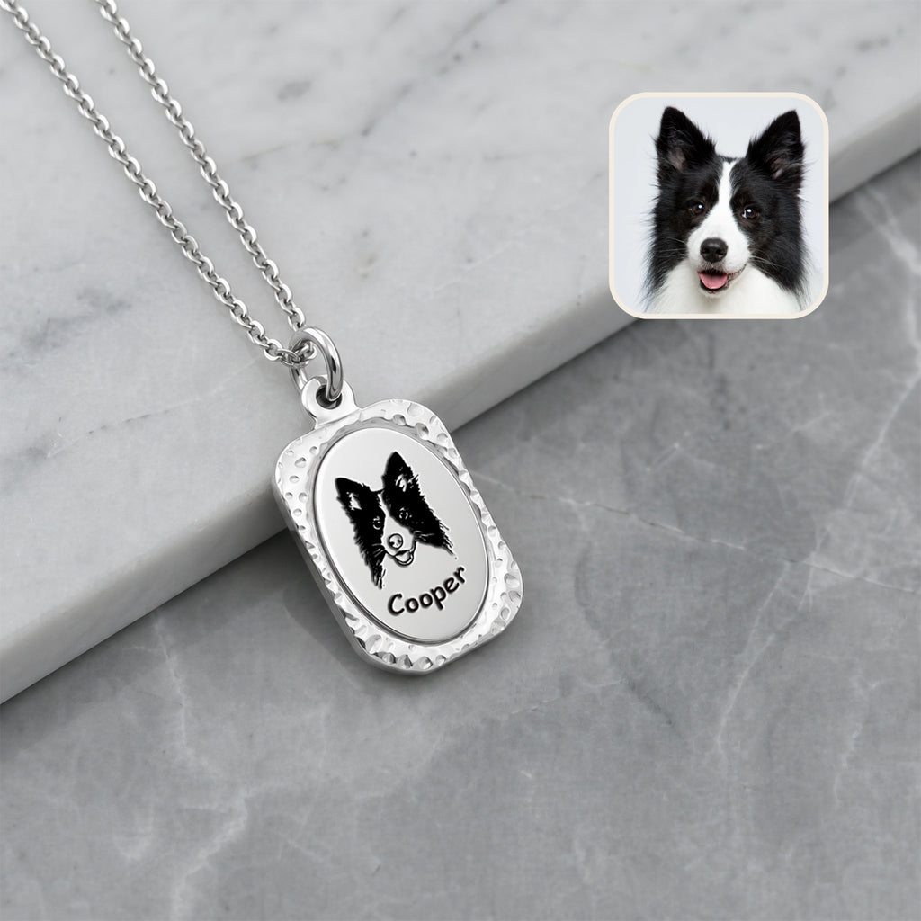 Rhodium vintage tag pendant necklace with hand-drawn pet portrait on marble background