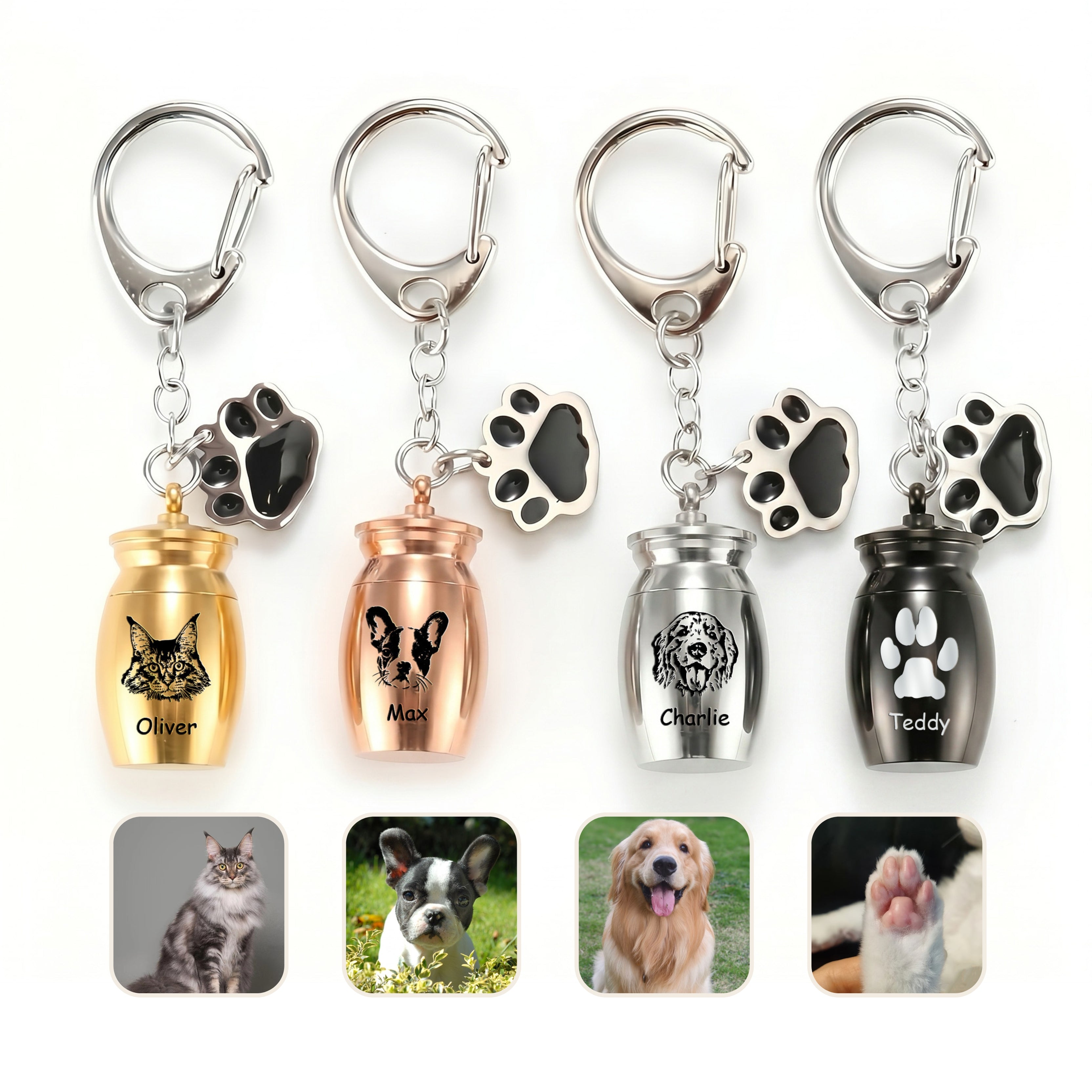 Pet urn keychain shown in multiple plating finishes (rhodium silver, 18k yellow gold, 18k rose gold) — on a clean white background