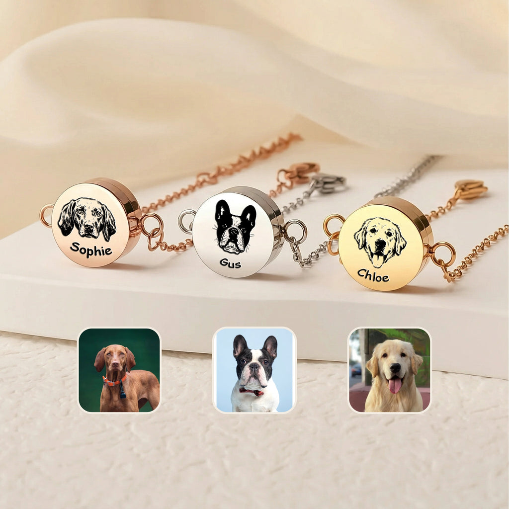 Three pet photo locket bracelets in yellow gold, rose gold, and rhodium with hand-drawn pet portraits
