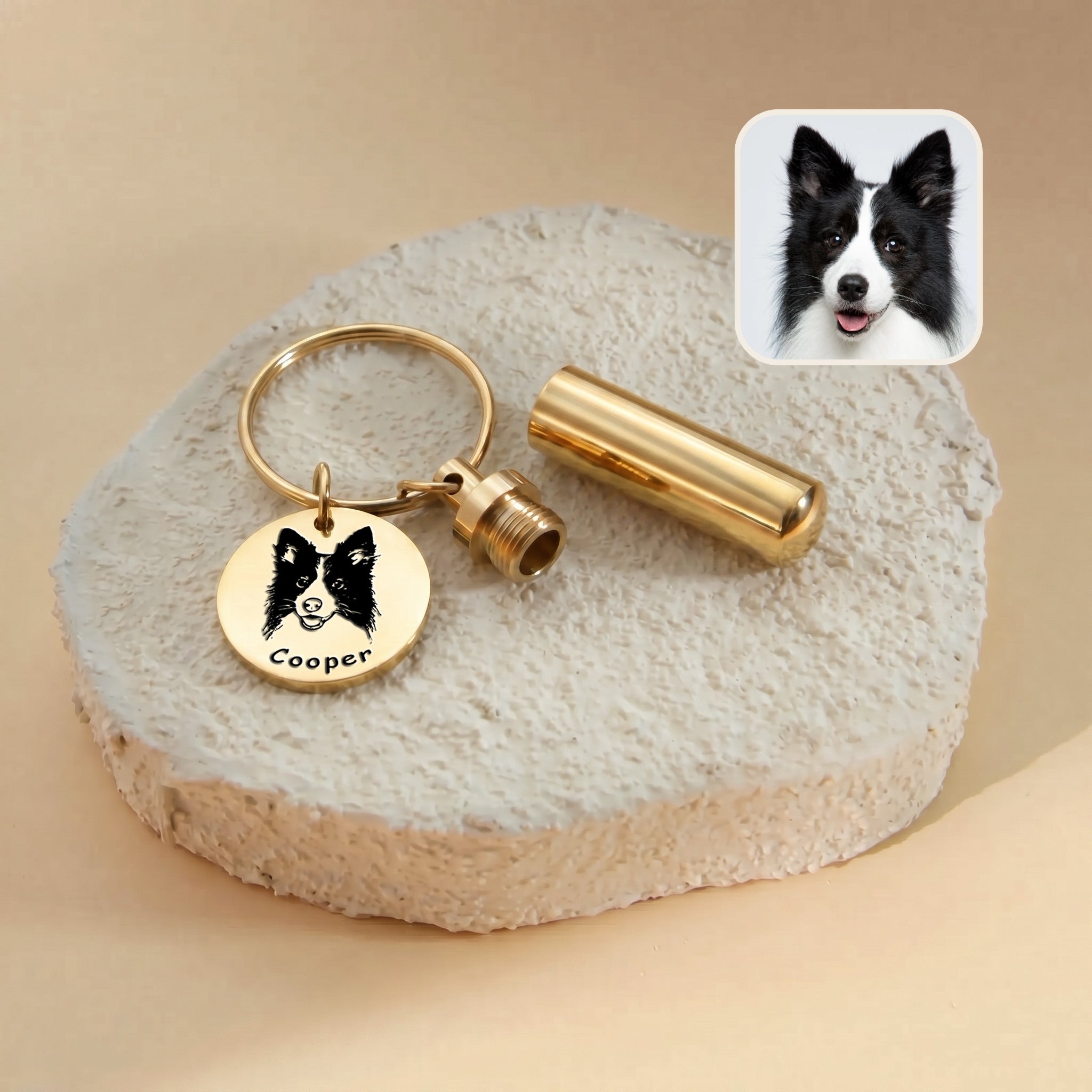 18k gold-plated pet portrait and ashes cylinder keychain close-up &mdash; engraved disc with hand-drawn border collie portrait and the name Cooper beside a screw-cap cylinder urn, with a reference photo inset on a textured stone surface