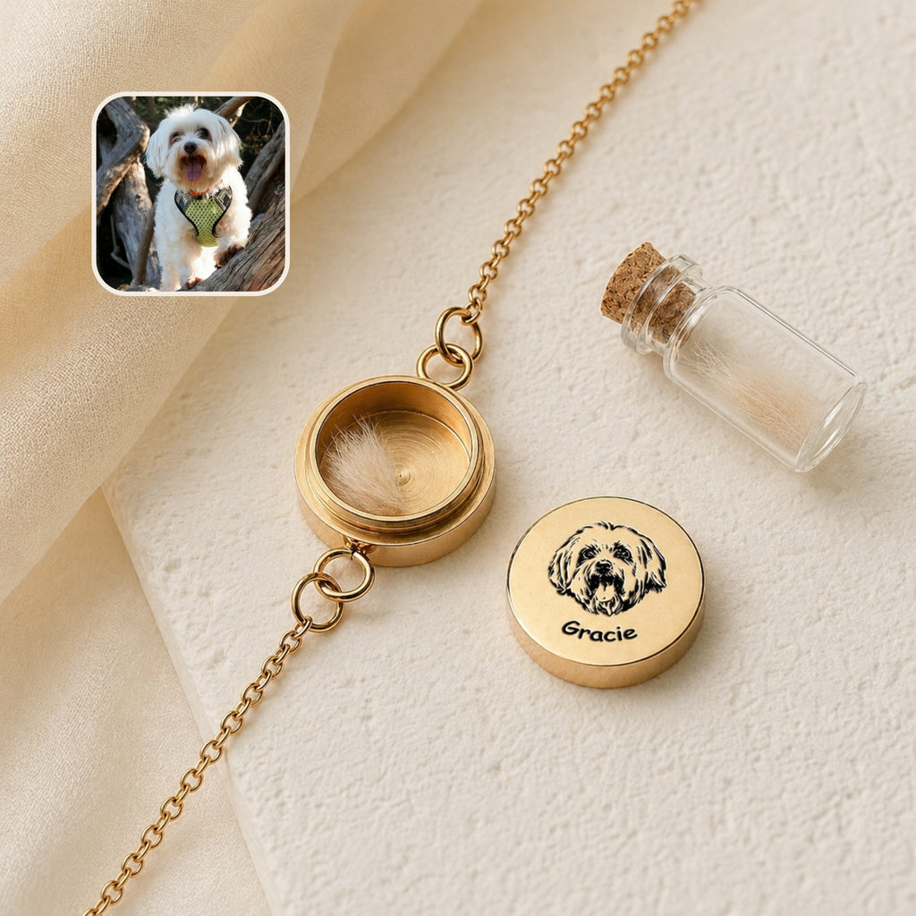 Open yellow gold pet locket bracelet showing the open chamber, hand-drawn portrait on the screw-off lid