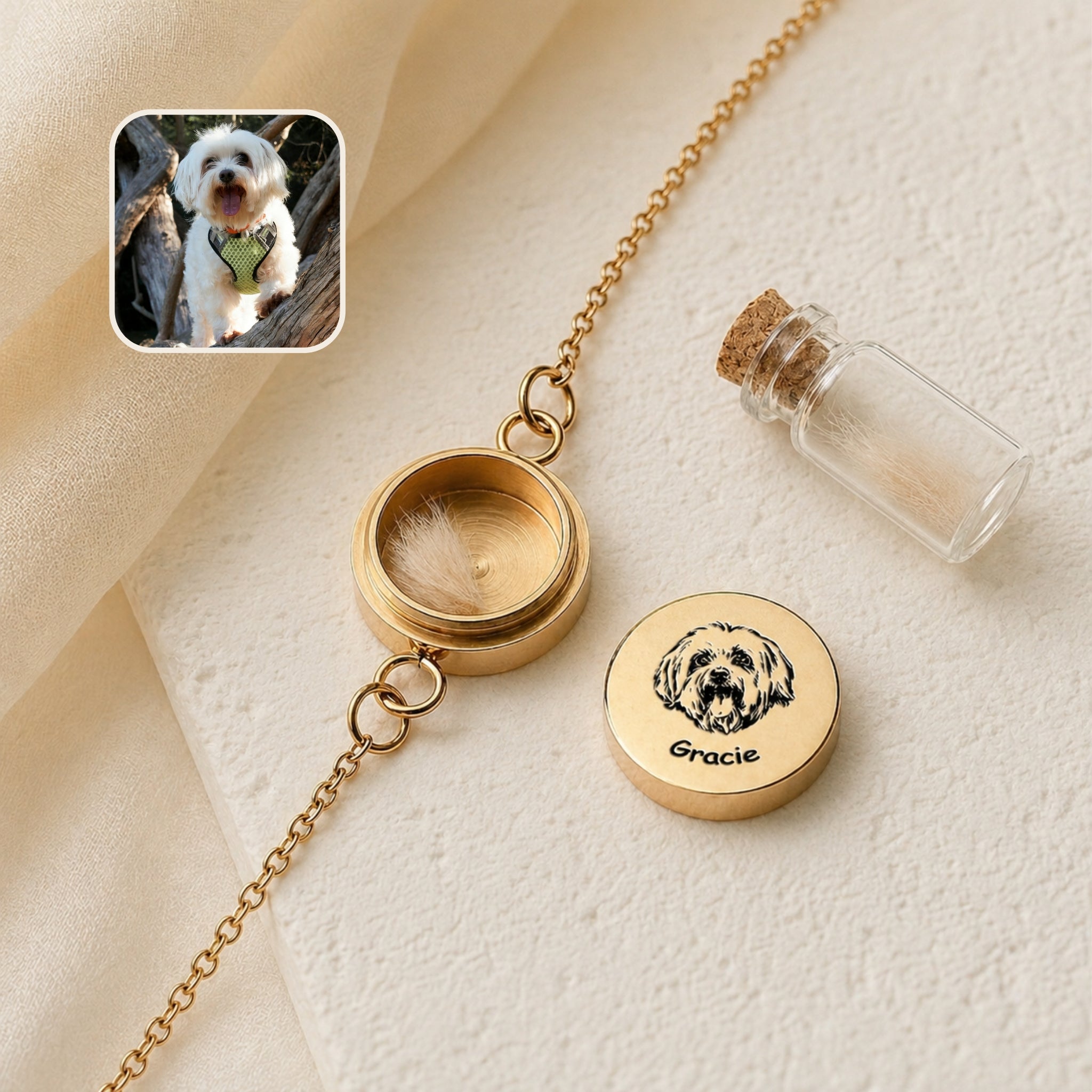 Open yellow gold pet locket bracelet showing the open chamber, hand-drawn portrait on the screw-off lid