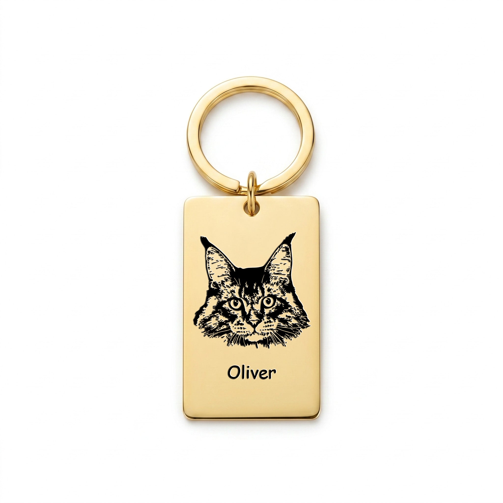 18k gold pet portrait plate keychain on white background, Maine Coon cat portrait and name 'Oliver' laser-engraved on the rectangular plate