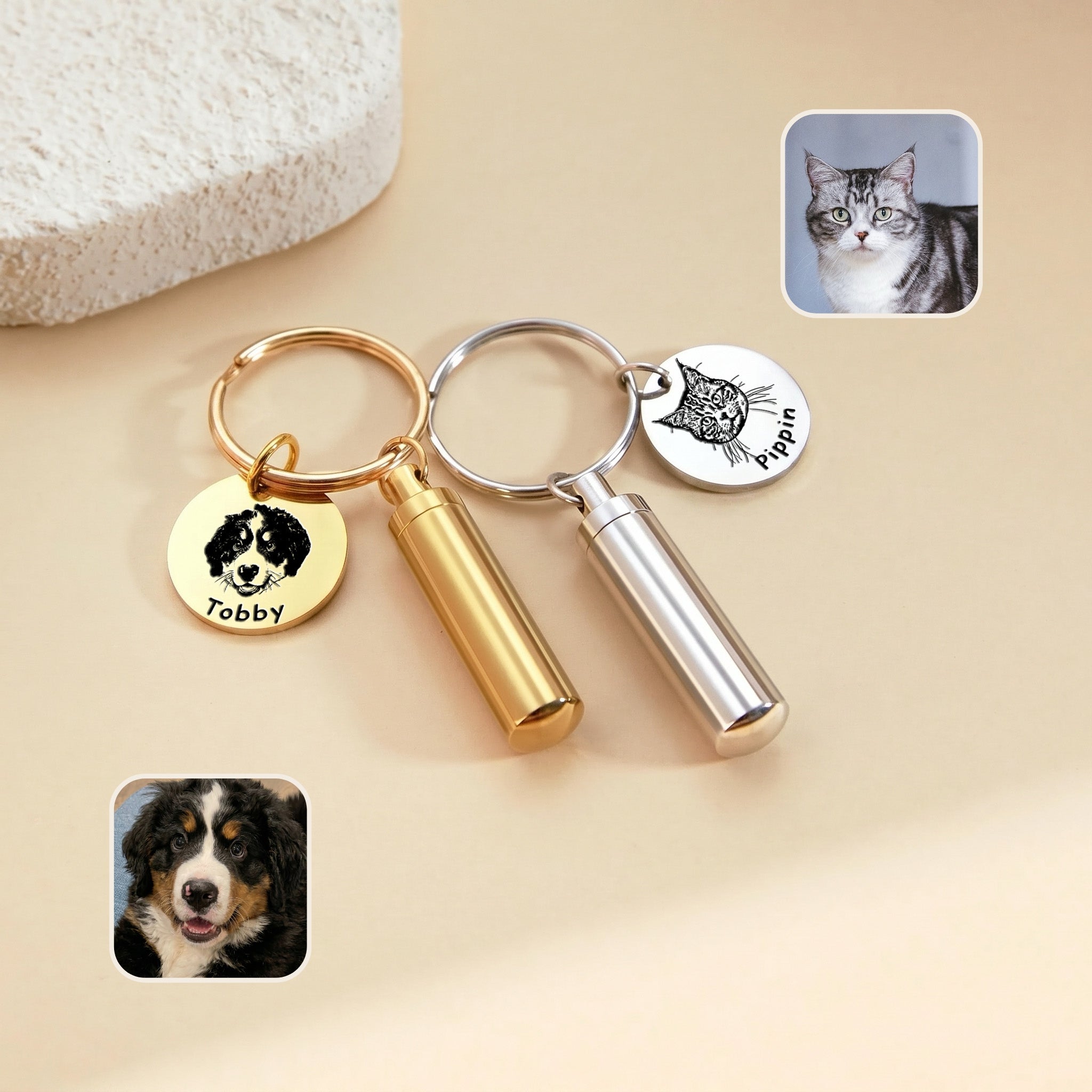 Pet portrait and ashes cylinder keychain shown in both finishes &mdash; 18k gold and rhodium silver versions paired with dog and cat reference photo insets
