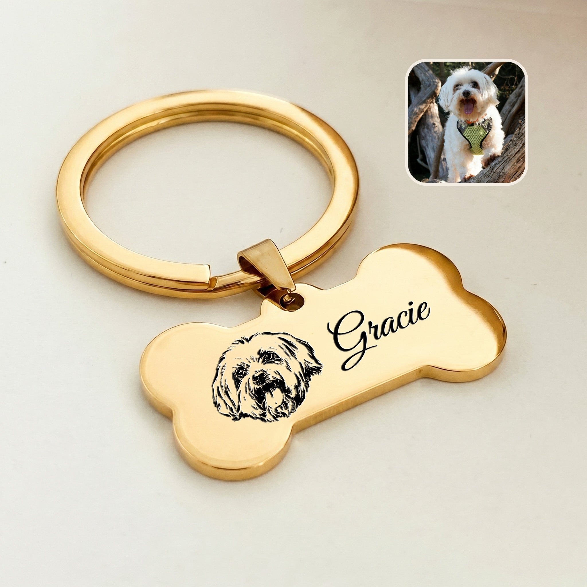18k yellow gold pet bone keychain close-up — hand-drawn pet portrait + script name laser-engraved on the front face