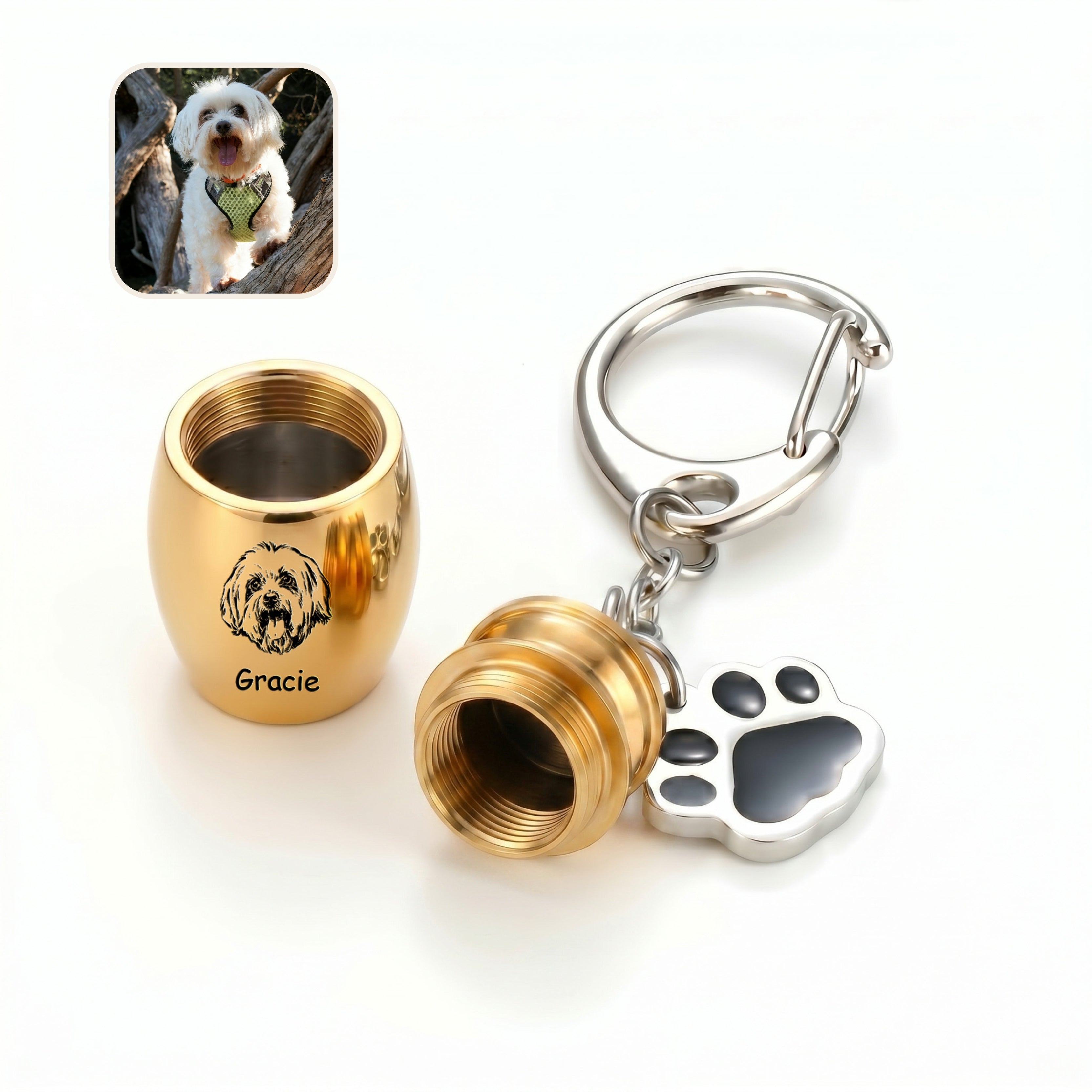 18k yellow gold pet urn keychain shown with the screw cap opened to reveal the inner chamber, paw-print side charm alongside the capsule, a small dog reference photo inset