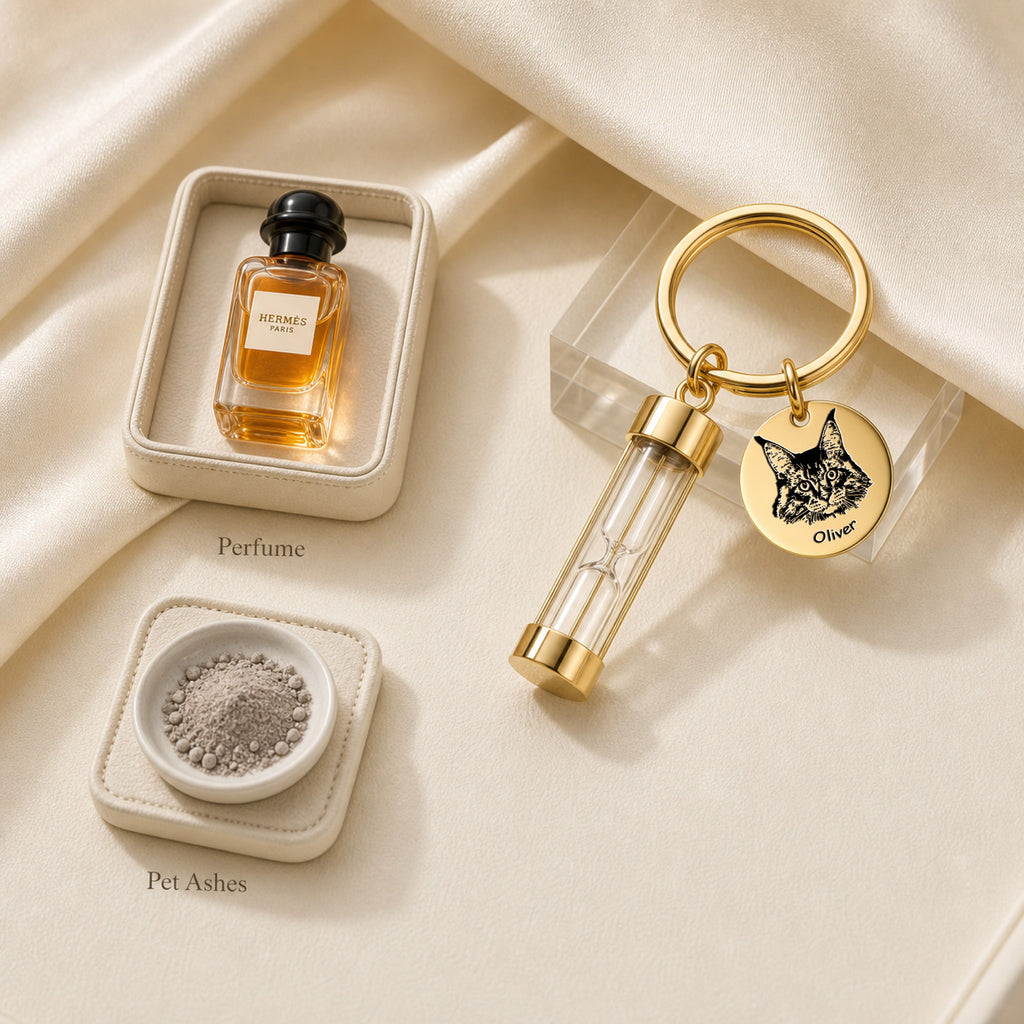 18k gold-plated pet portrait hourglass keychain displayed beside Hermes perfume and pet ashes bowl showing the ashes filling concept, with engraved cat portrait disc