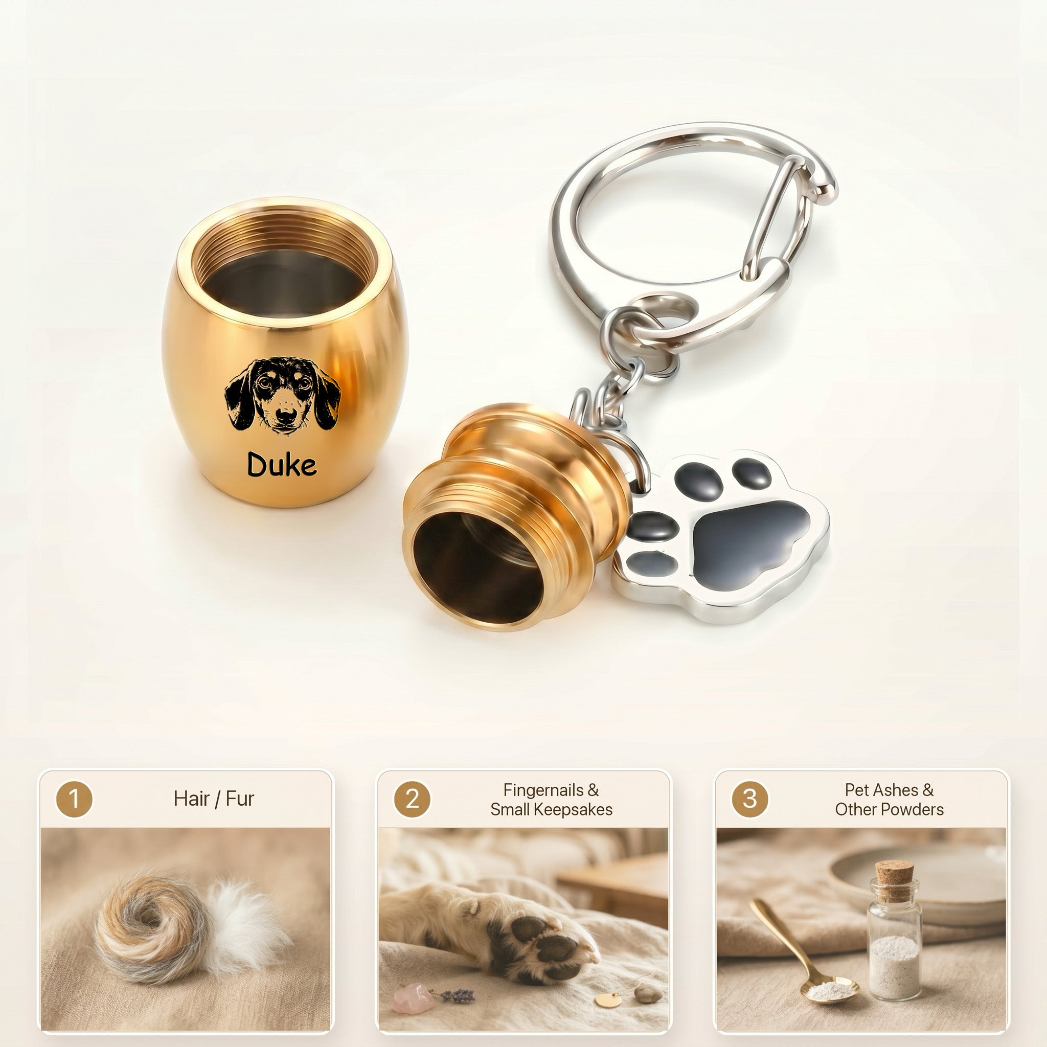 18k yellow gold pet urn keychain infographic with three labeled keepsake-use cards beneath, showing the chamber sized for ashes, fur, or small keepsakes