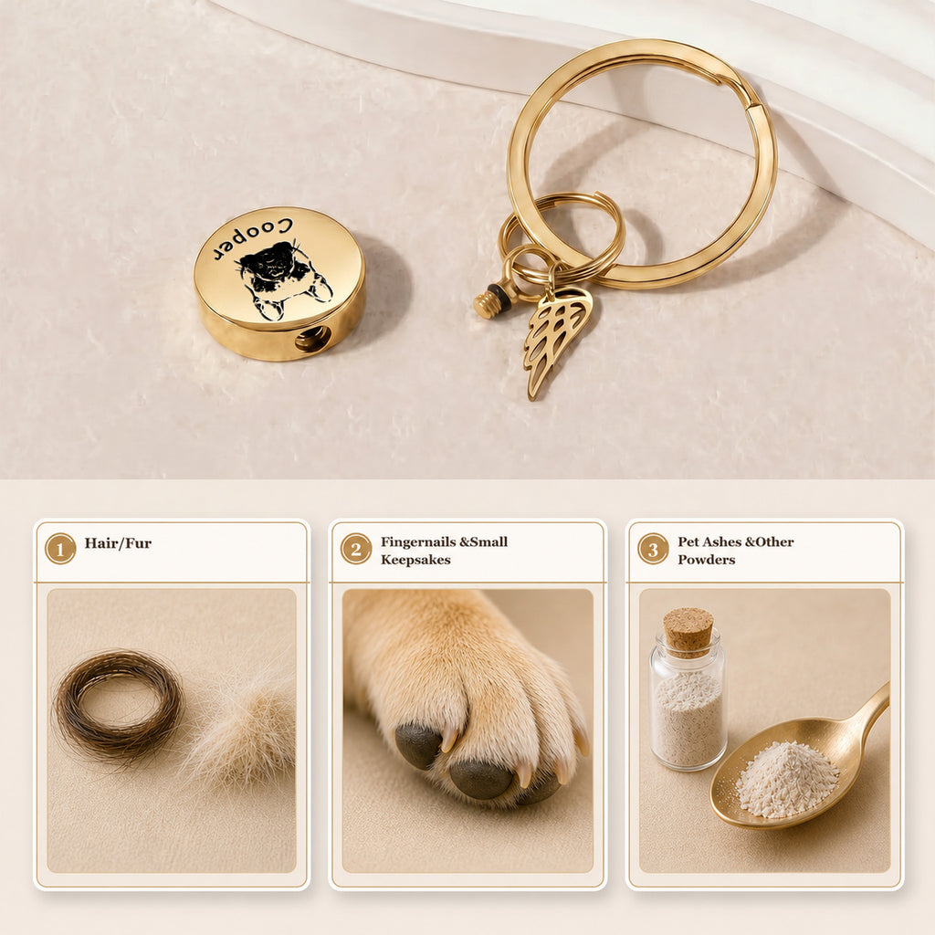 18k gold-plated pet cremation disc keychain shown with the screw-top disc opened, beside labeled keepsake-material reference cards demonstrating the inner chamber for hair, fur, keepsakes, or ashes-powders