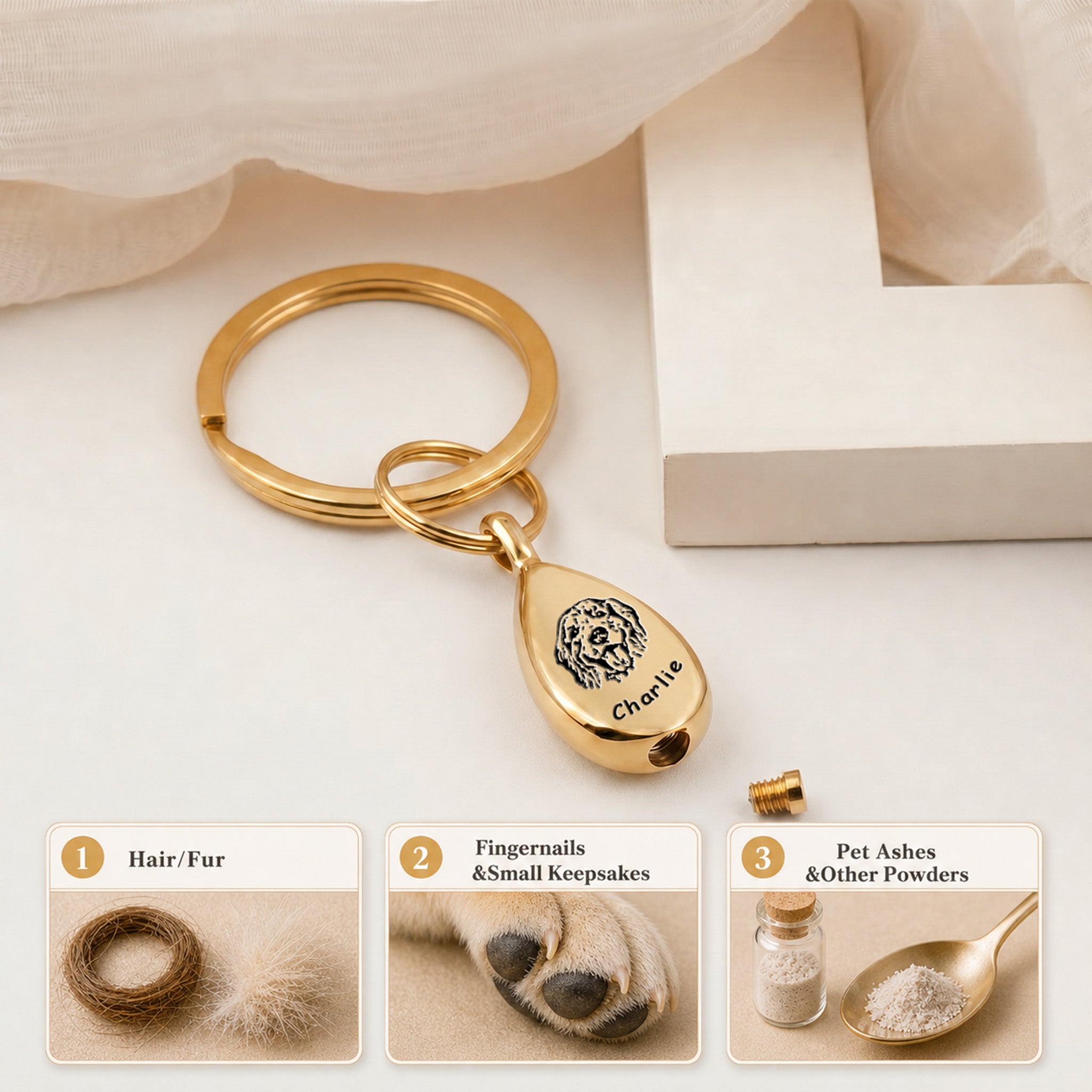 18k gold-plated pet portrait ashes teardrop keychain shown with the screw-cap open above three labeled use panels demonstrating the keepsake chamber for fur, ashes, or a folded note