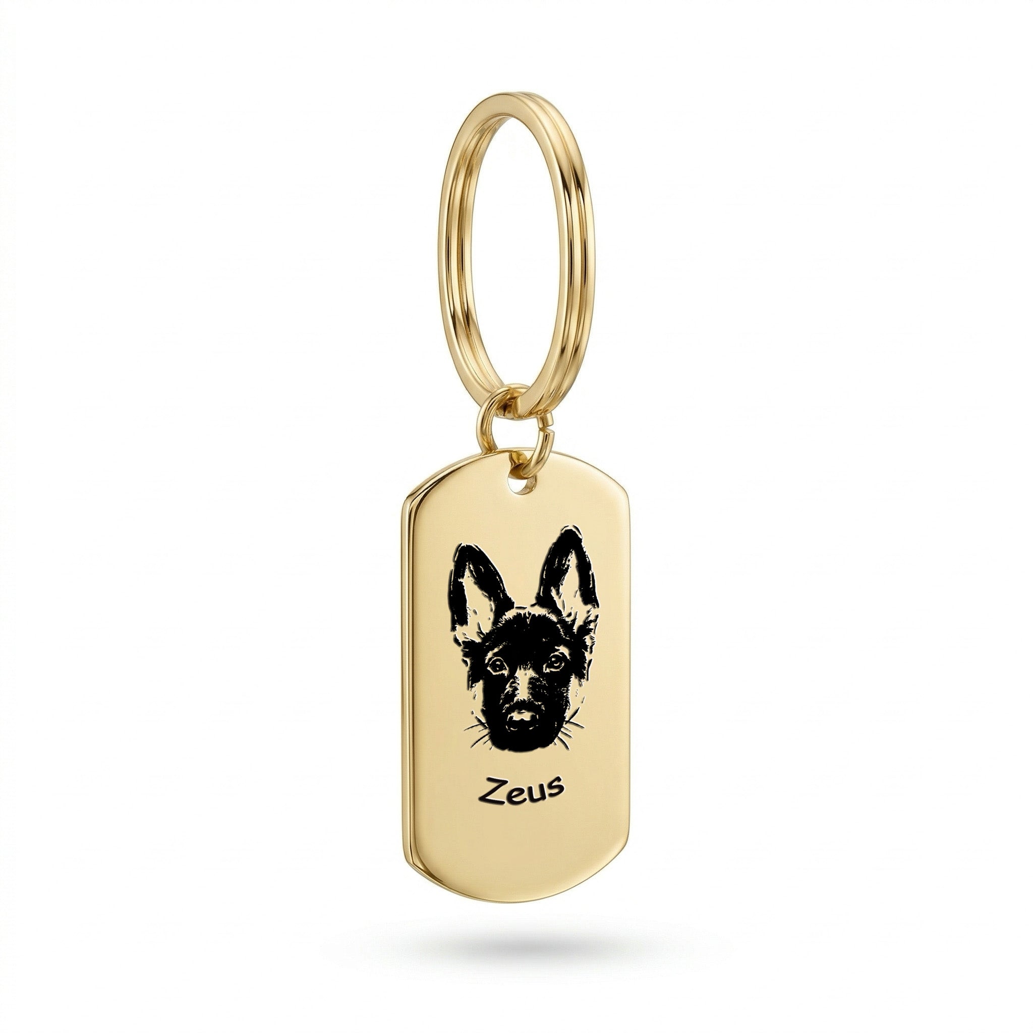 18K gold pet portrait dog tag keychain with split key ring on white background, product close-up