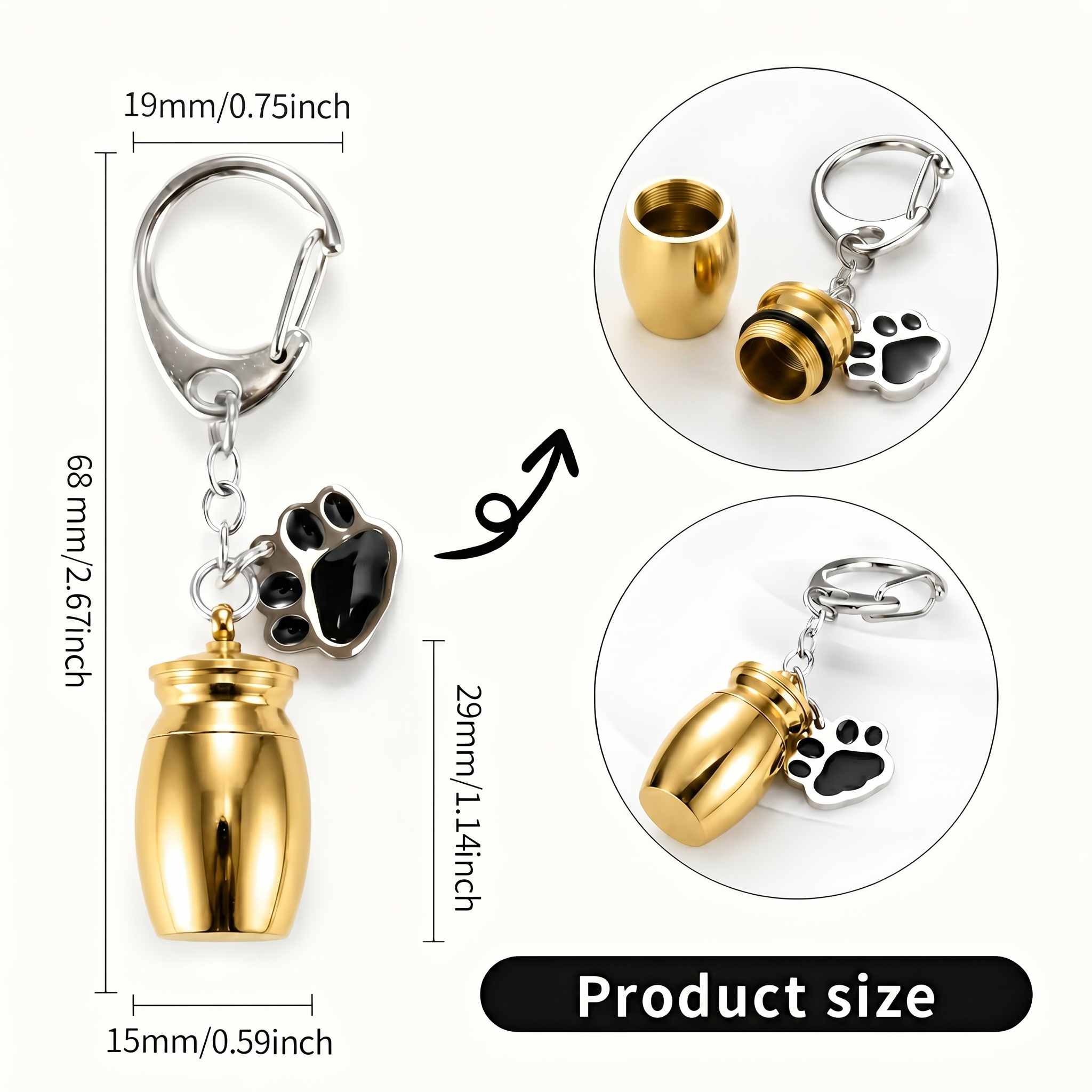 Dimension chart for the 18k yellow gold pet urn keychain with measurements and detail callouts (29 mm × 15 mm capsule body, 68 mm overall length, 19 mm clasp opening)