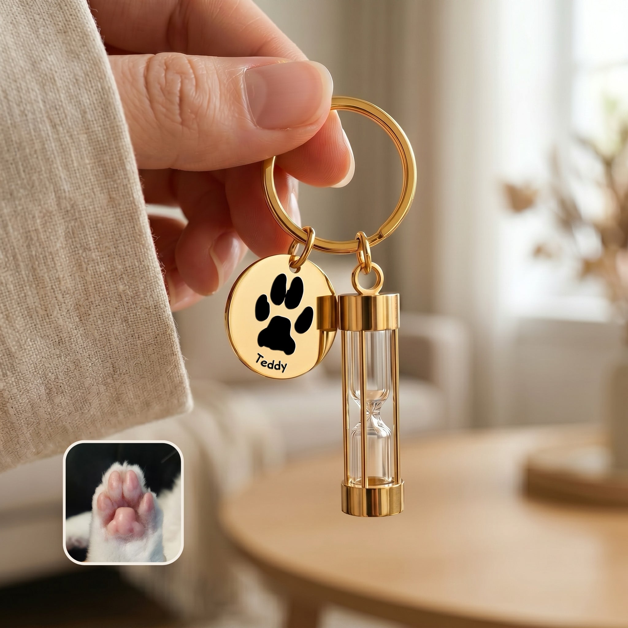 18k gold-plated pet memorial hourglass keychain held in hand showing paw-print engraving option on disc and glass hourglass urn, with cat paw reference photo