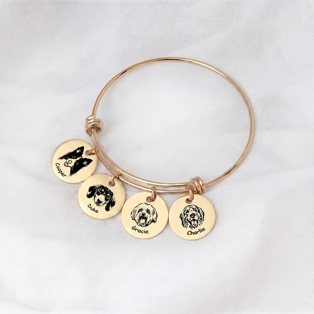 18K gold multi-pet wire bracelet with four engraved disc charms for four pets