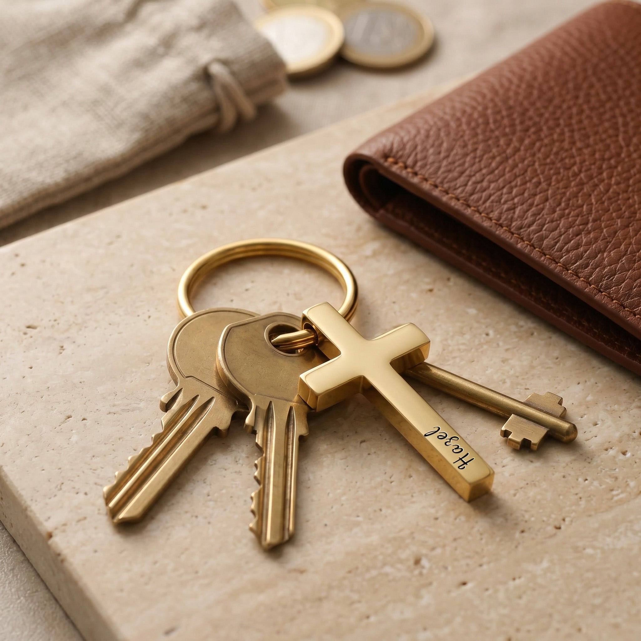 18k yellow gold pet cross keychain staged with keys and a brown wallet — everyday-carry pocket scene on neutral surface