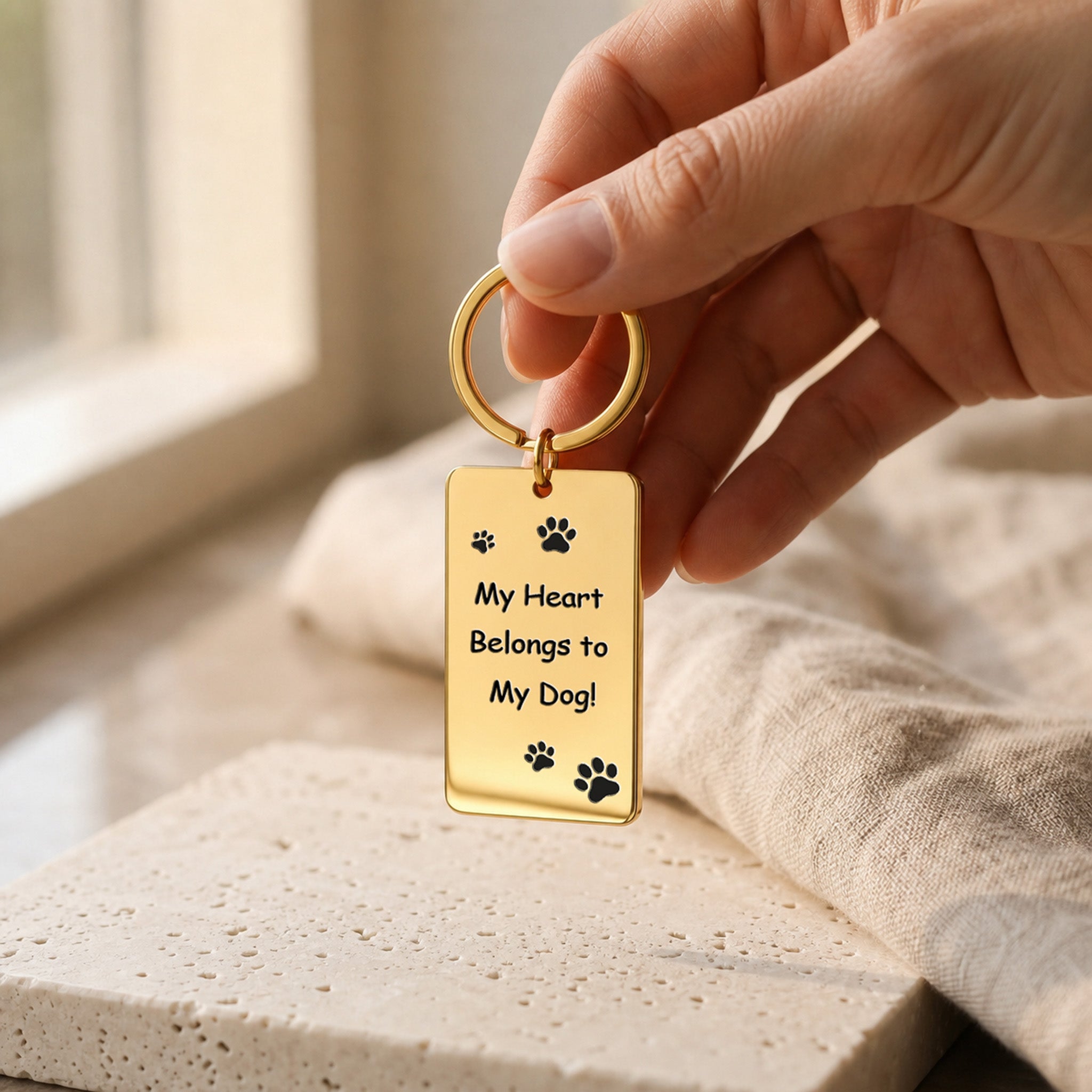 Hand holding an 18k gold plate keychain over a linen surface, text and paw print motif engraved on the steel plate