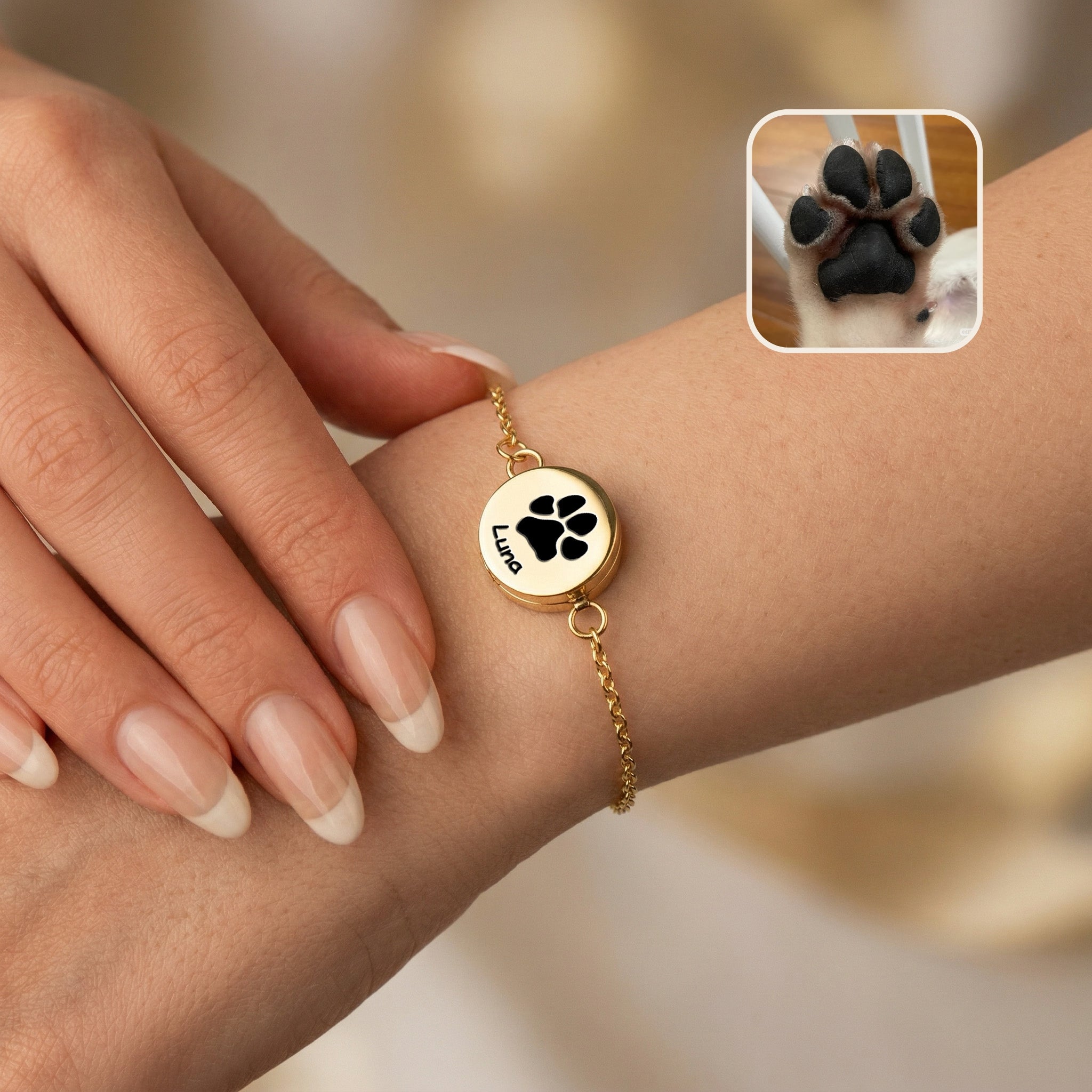 Yellow gold pet locket bracelet worn on a wrist, the disc engraved with a pet name