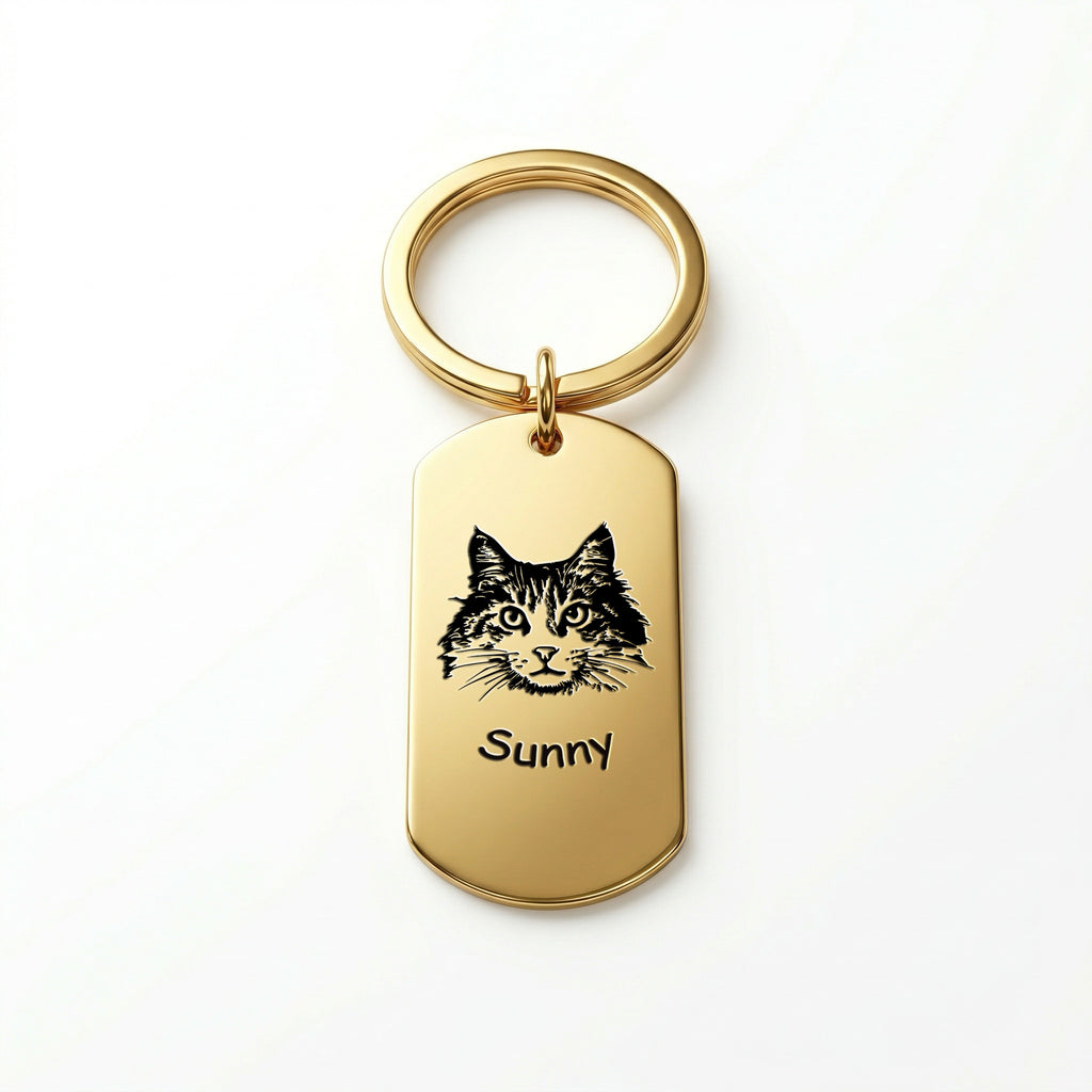 18K gold pet portrait dog tag keychain isolate on pure white, hand-drawn engraving detail
