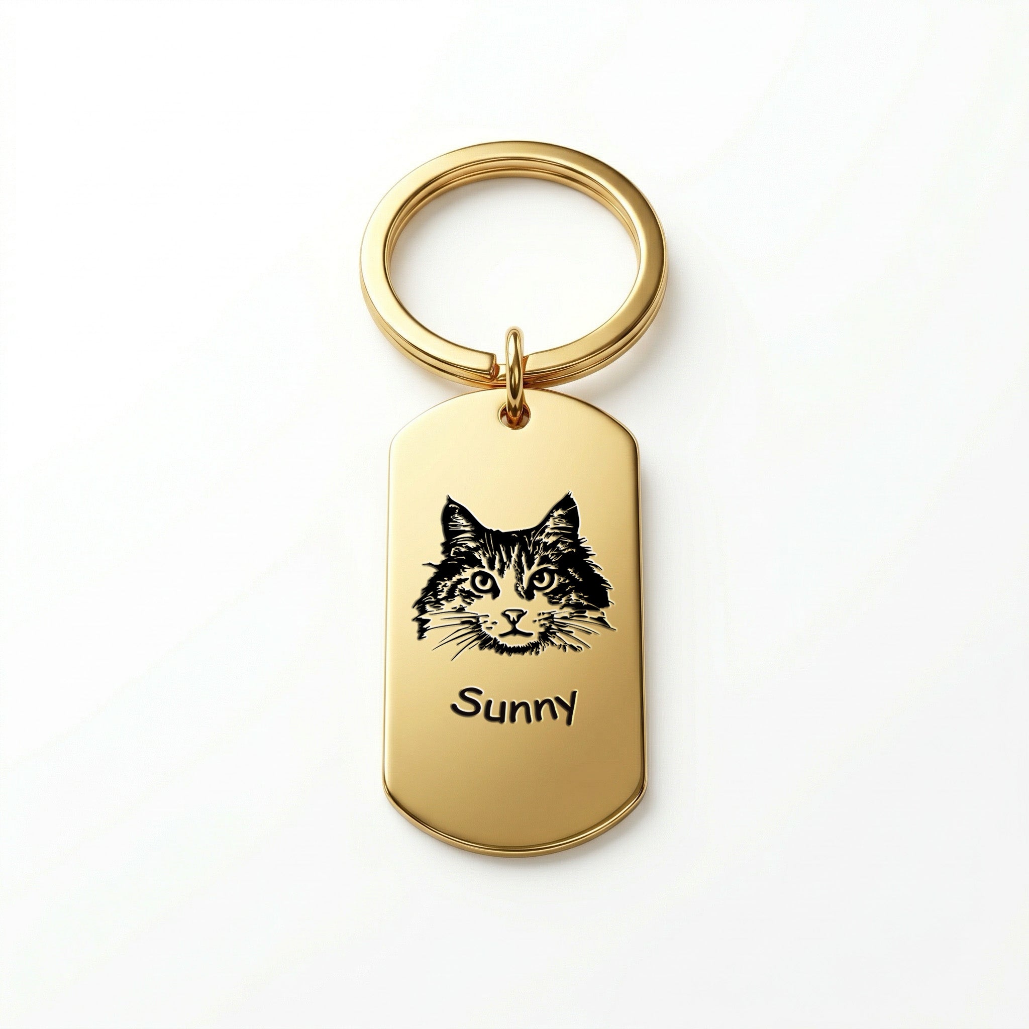 18K gold pet portrait dog tag keychain isolate on pure white, hand-drawn engraving detail