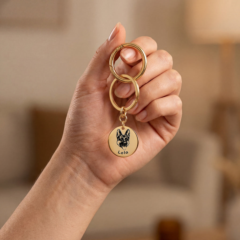 18k yellow gold pet face keychain flat-lay styling